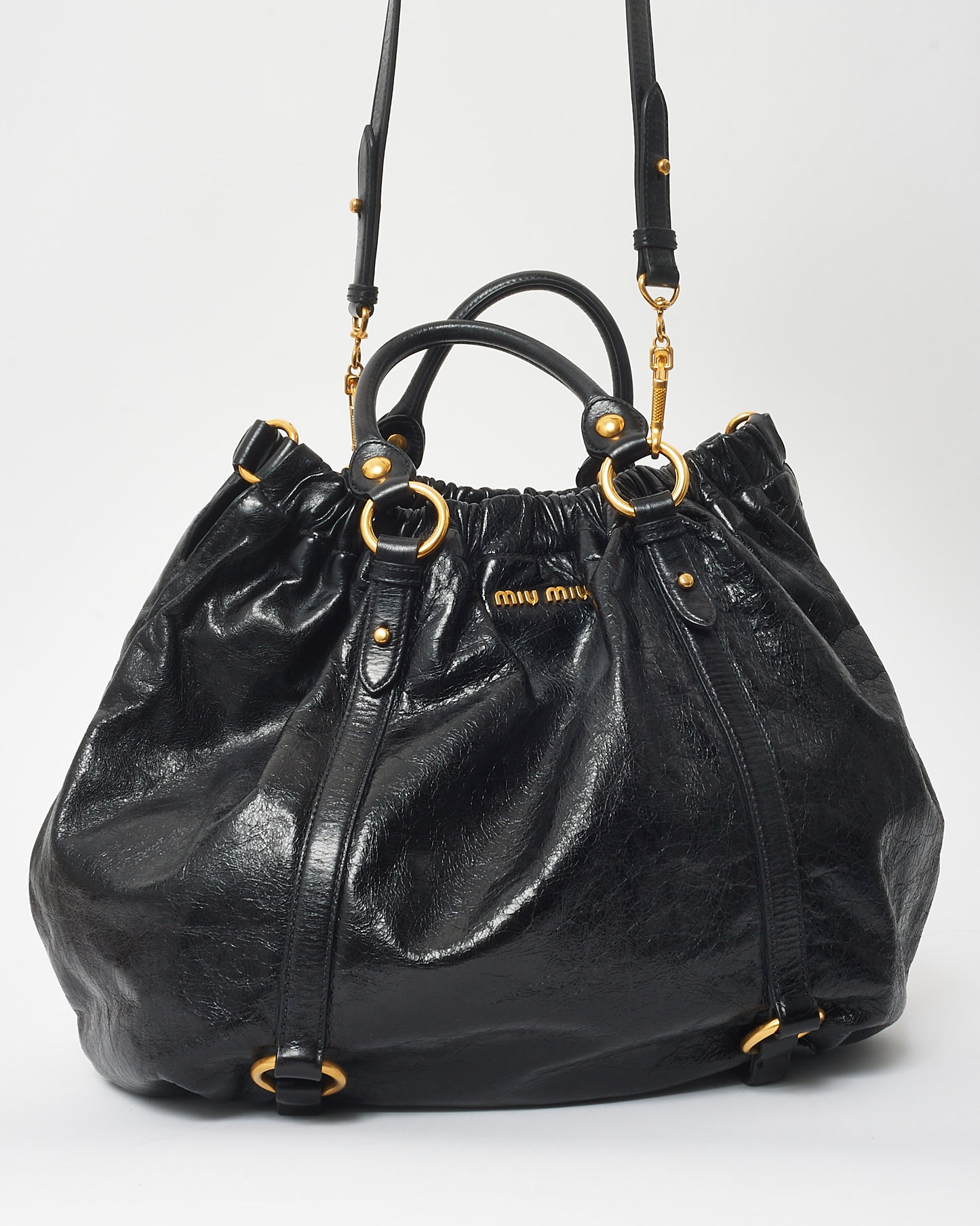 Miu Miu Vintage Black Vitello Leather Rushed Slouch 2Way Bag