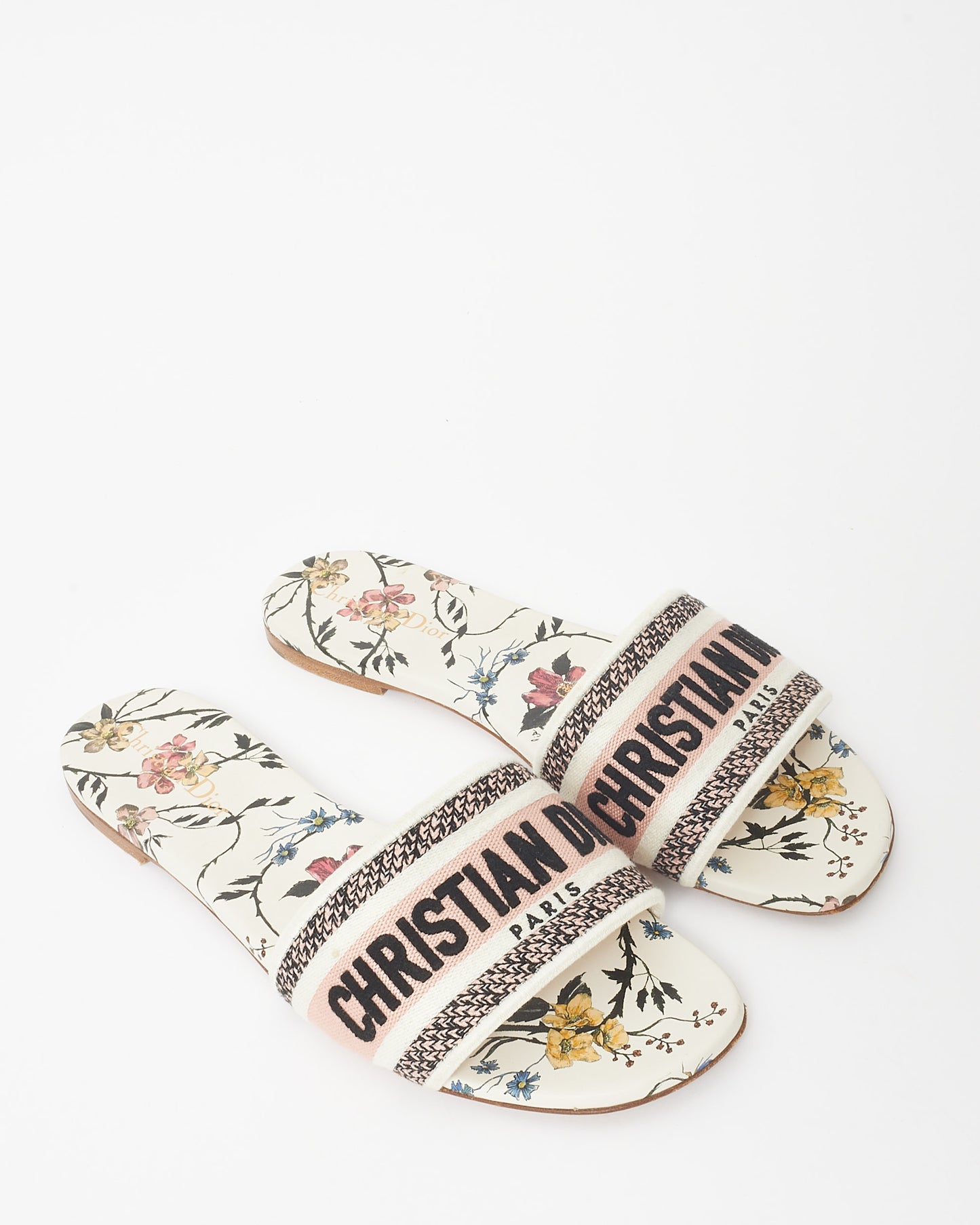 Dior White & Pink Floral Logo Embroidered D Way Slide - 41