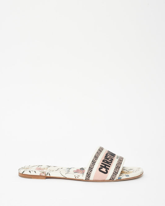 Dior White & Pink Floral Logo Embroidered D Way Slide - 41