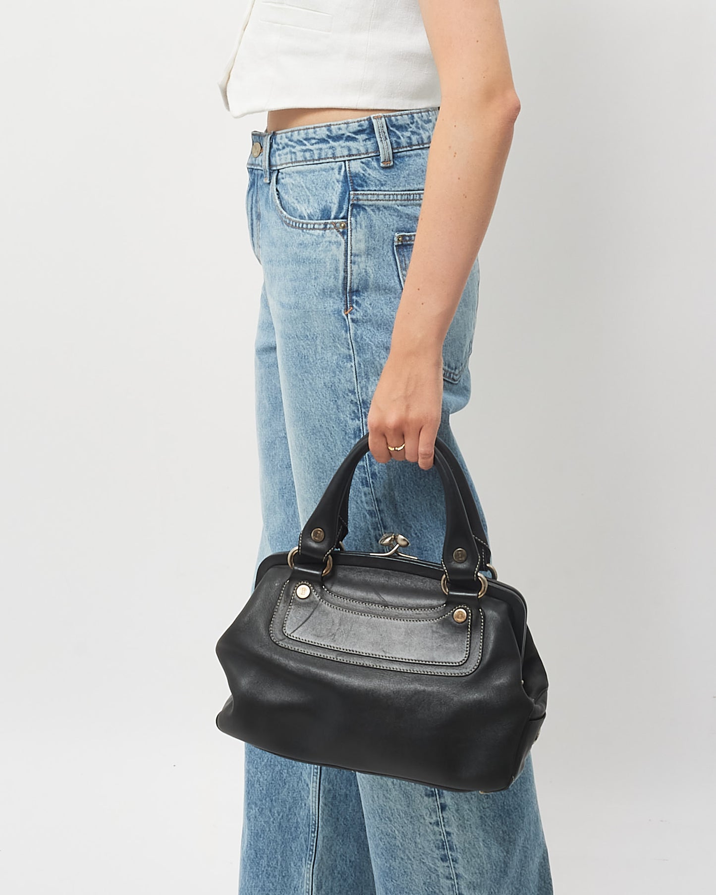 Celine Vintage Black Leather Top Handle Bag