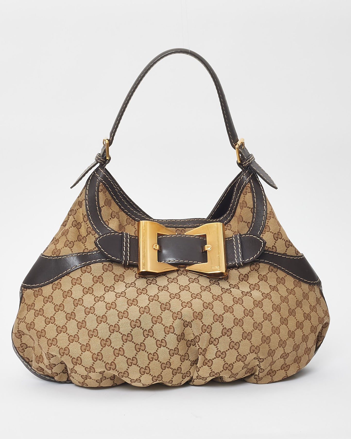 Gucci Vintage Brown Monogram Canvas Buckle Hobo Shoulder Bag