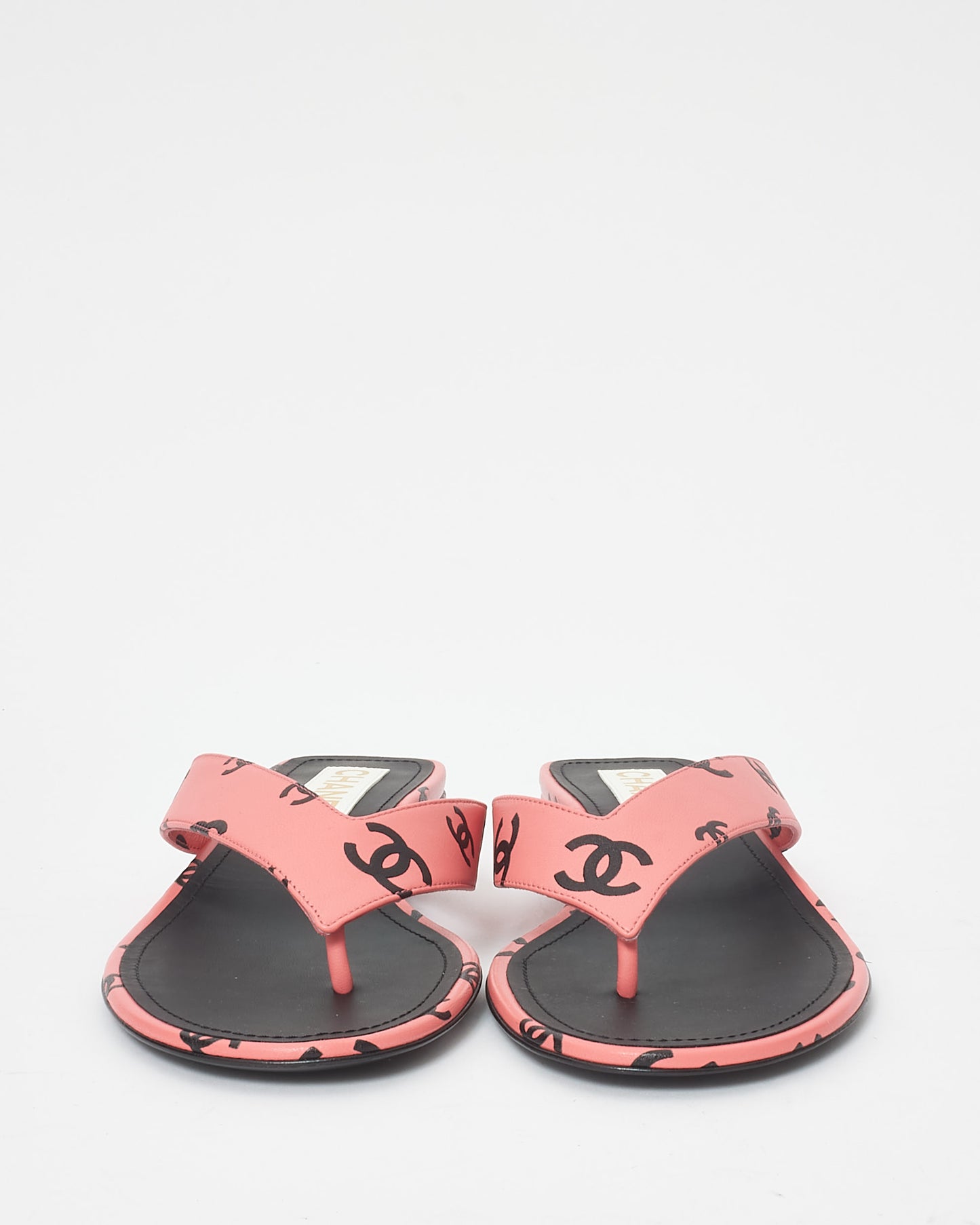 Chanel Pink & Black Logo Leather 22S Flip Flop Sandals - 38.5