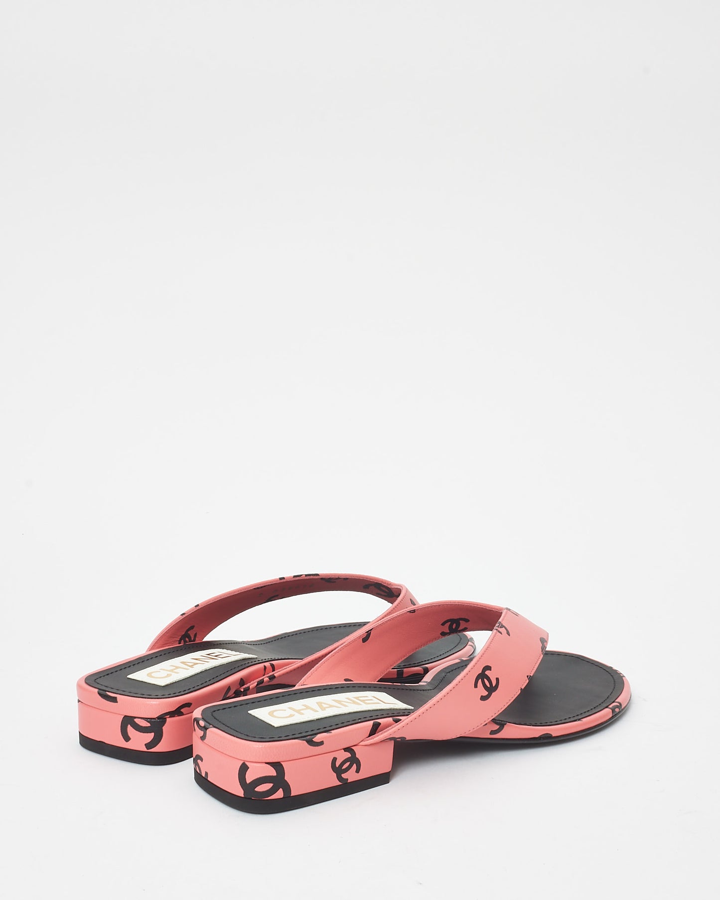 Chanel Pink & Black Logo Leather 22S Flip Flop Sandals - 38.5