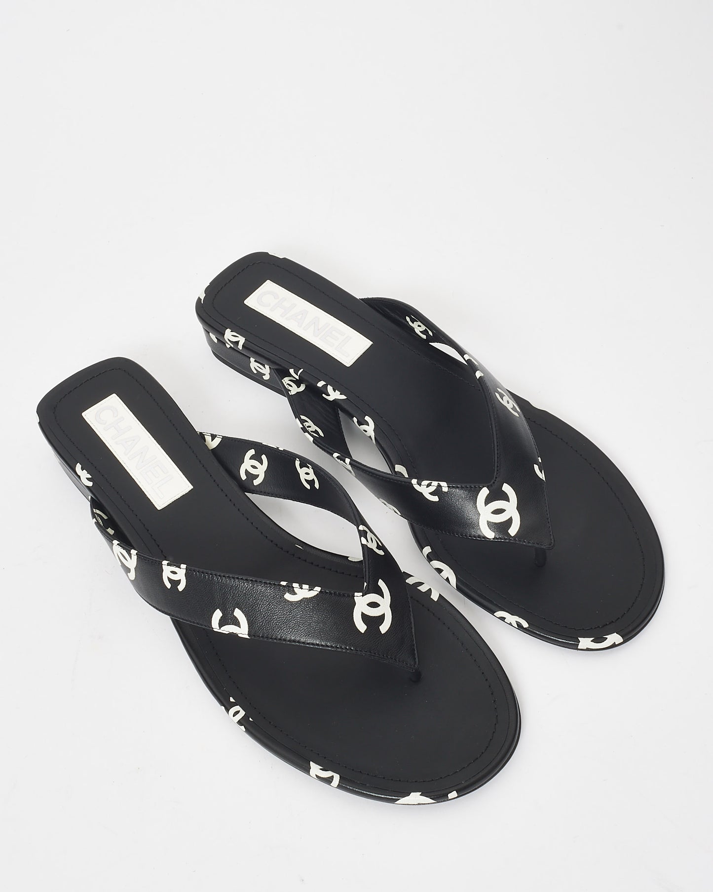 Chanel Black & White Logo Leather 22S Flip Flop Sandals - 42