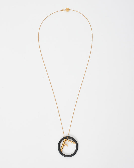 Fendi Black Leather & Gold Logo Pendant Necklace