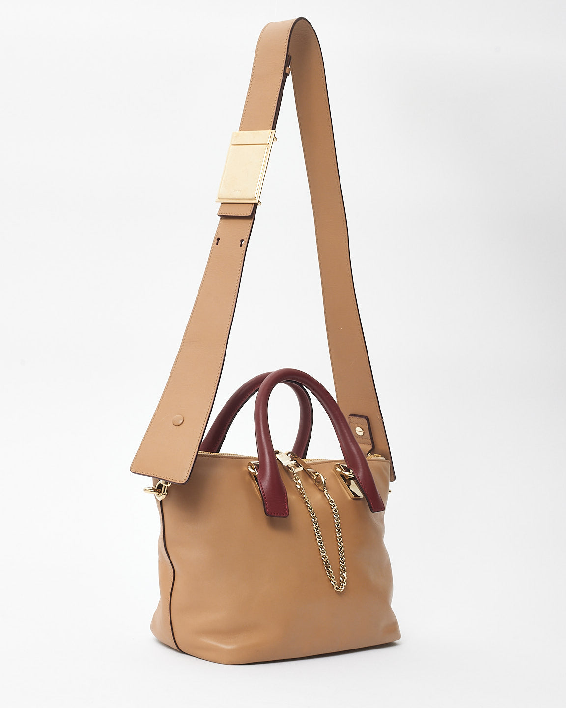 Chloé Tan & Burgundy Leather Baylee Top Handle Tote Bag