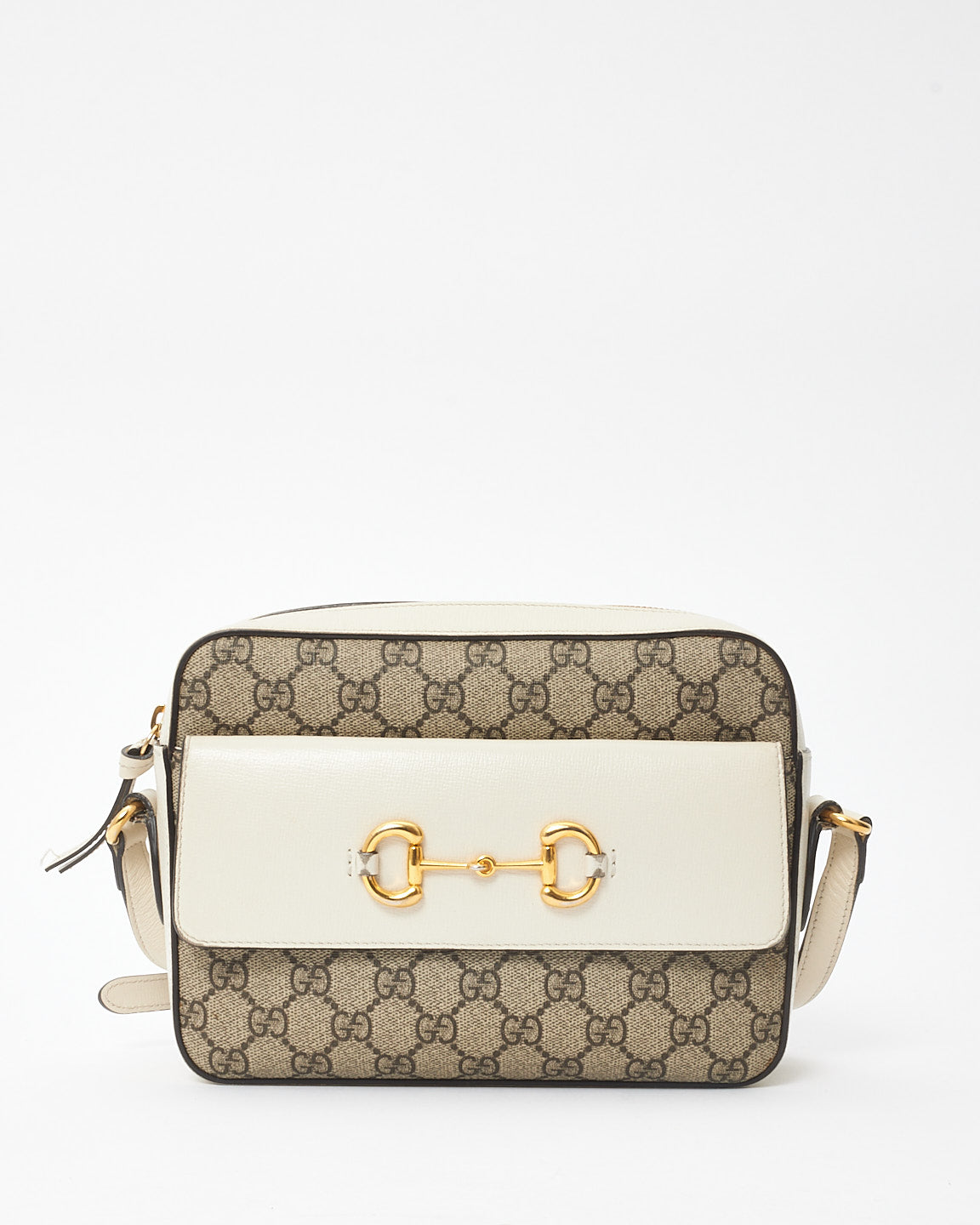 Gucci White & Monogram Canvas 1955 Horsebit Crossbody Bag