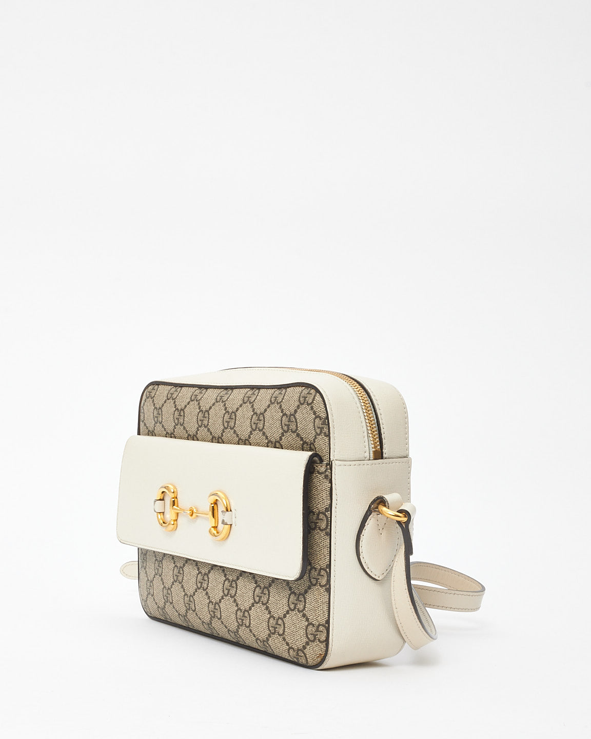 Gucci White & Monogram Canvas 1955 Horsebit Crossbody Bag