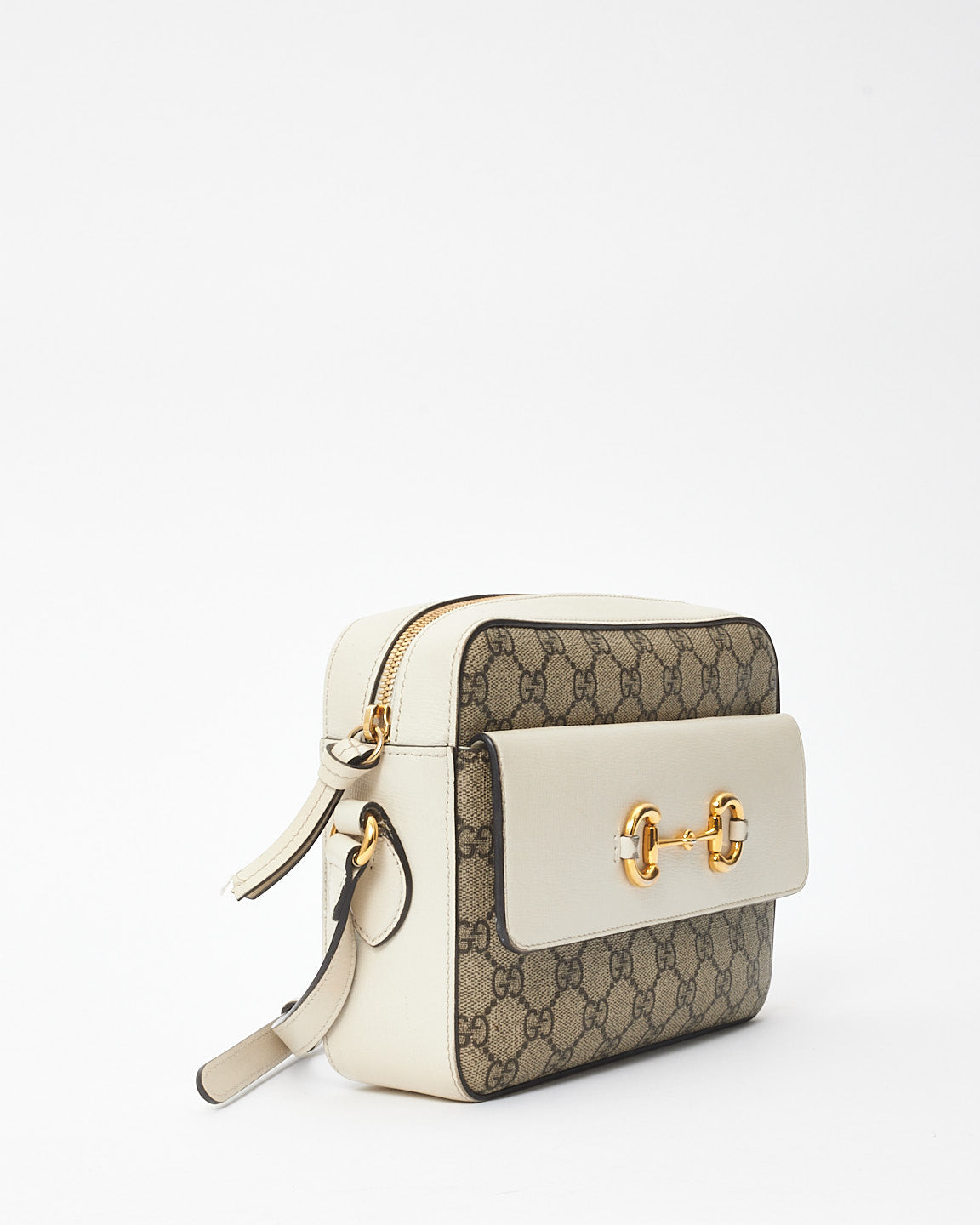 Gucci White & Monogram Canvas 1955 Horsebit Crossbody Bag