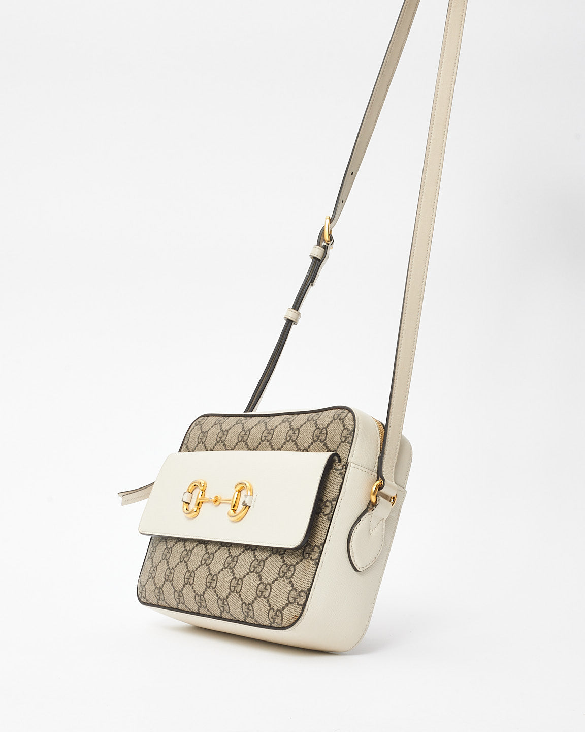 Gucci White & Monogram Canvas 1955 Horsebit Crossbody Bag