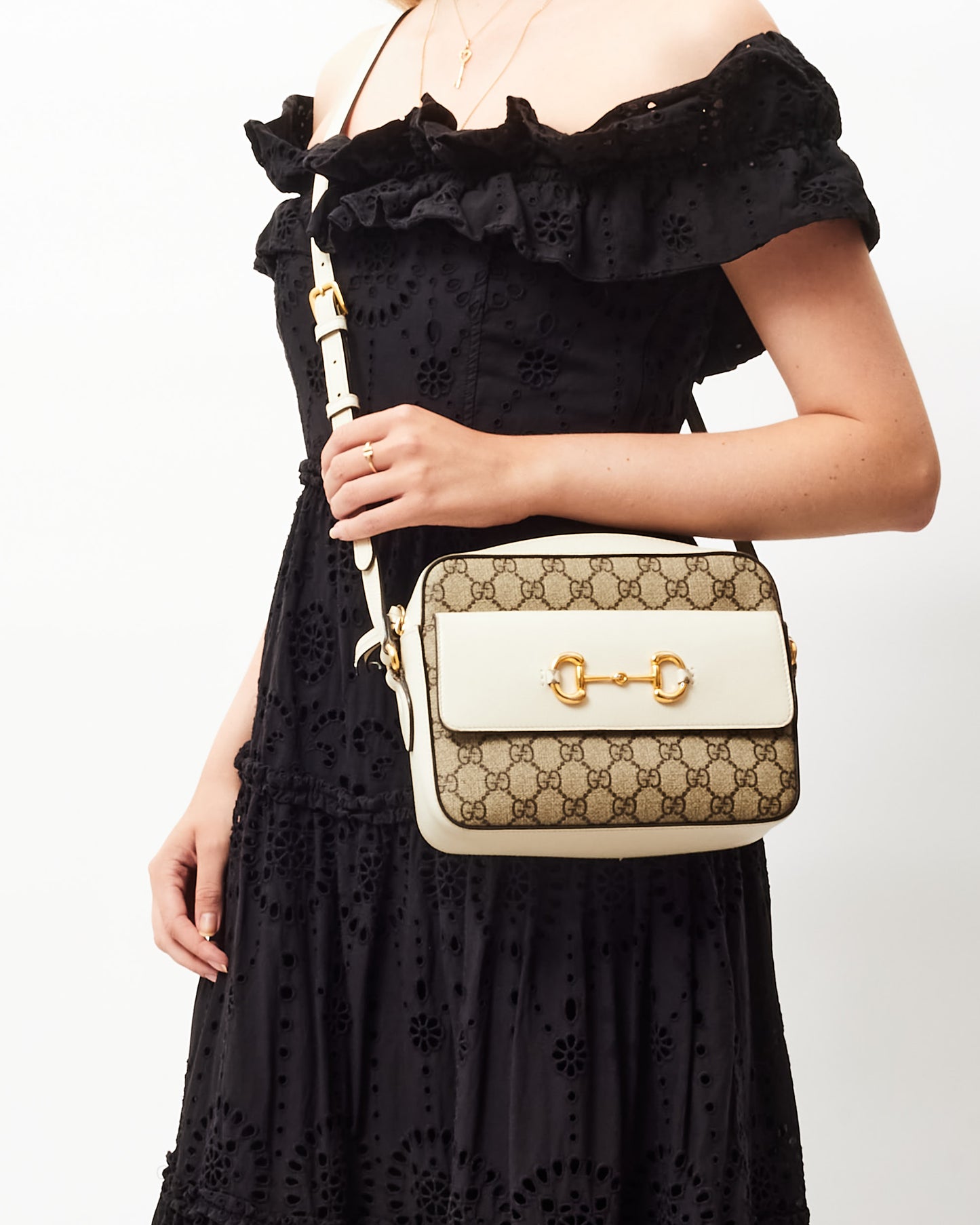 Gucci White & Monogram Canvas 1955 Horsebit Crossbody Bag