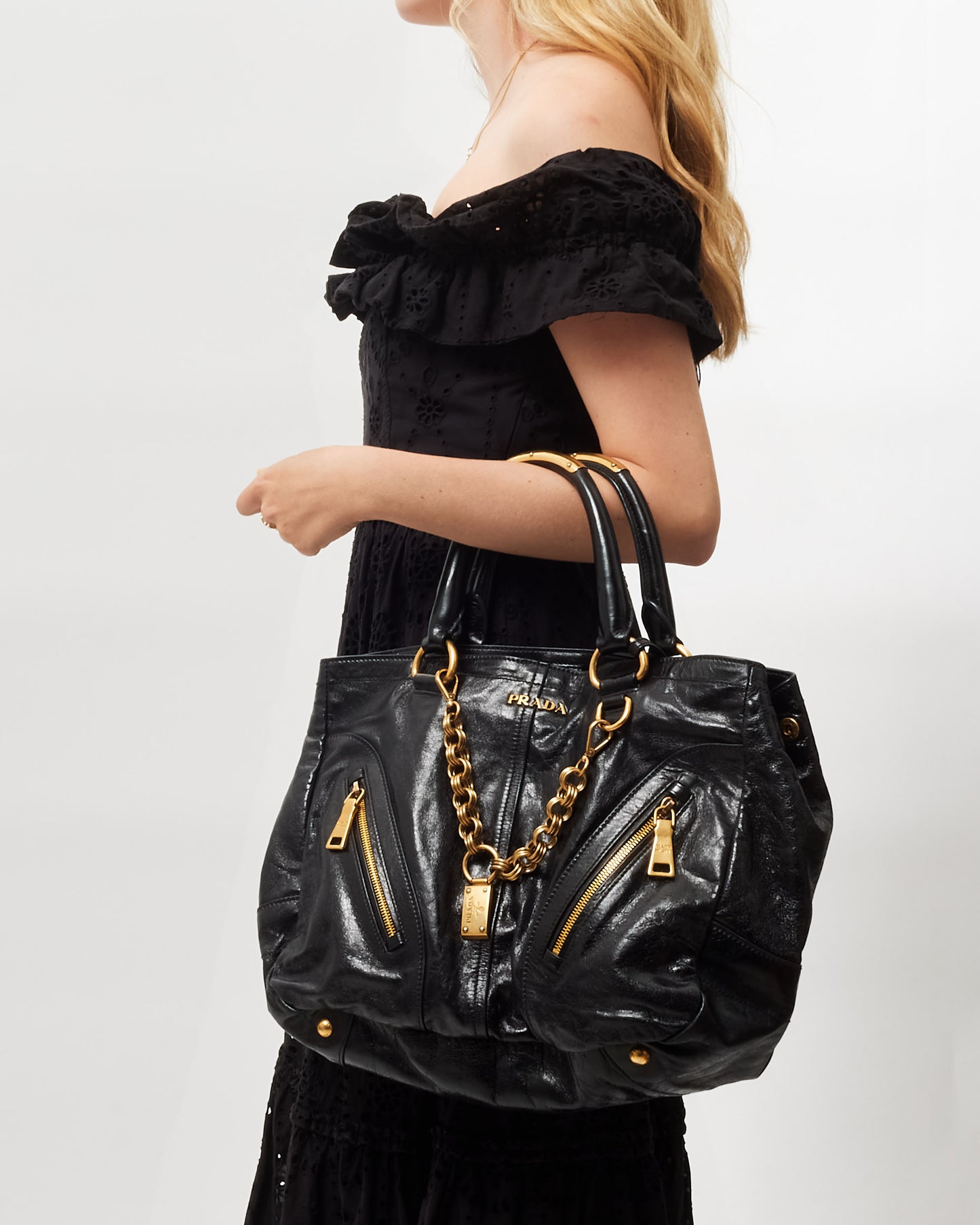 Prada Vintage Black Leather & Gold Chain & Zipper Tote Bag