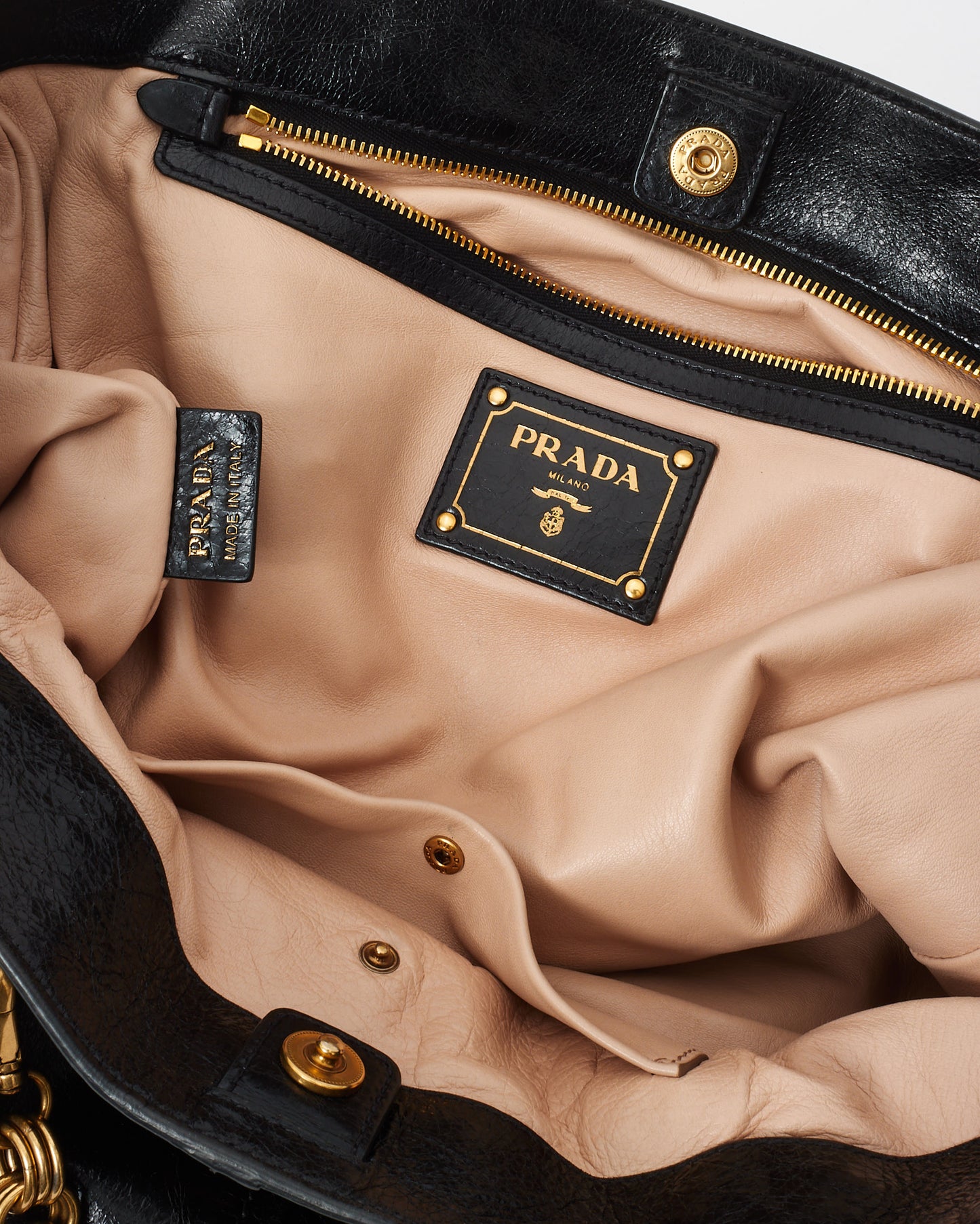 Prada Vintage Black Leather & Gold Chain & Zipper Tote Bag