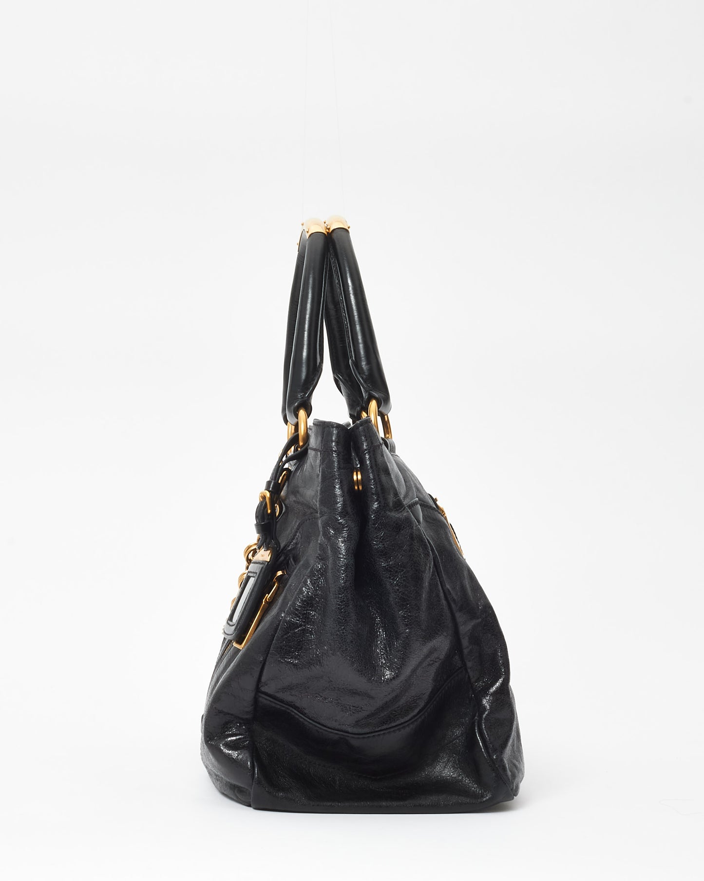 Prada Vintage Black Leather & Gold Chain & Zipper Tote Bag