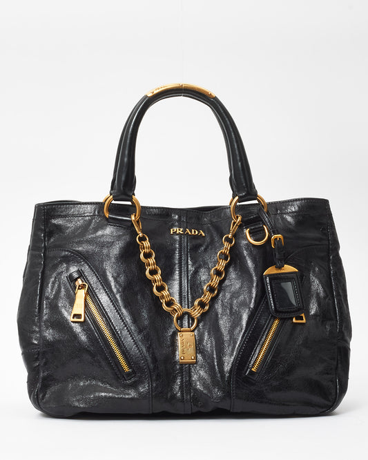 Prada Vintage Black Leather & Gold Chain & Zipper Tote Bag