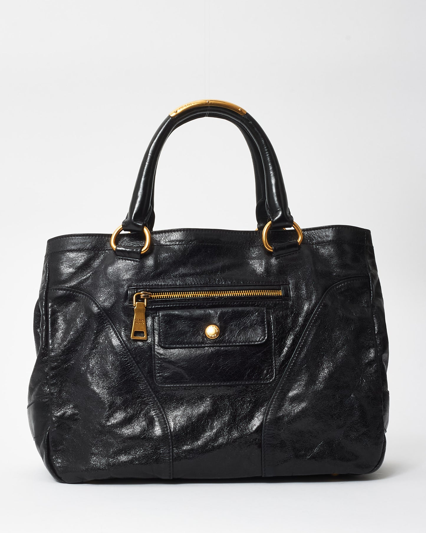 Prada Vintage Black Leather & Gold Chain & Zipper Tote Bag