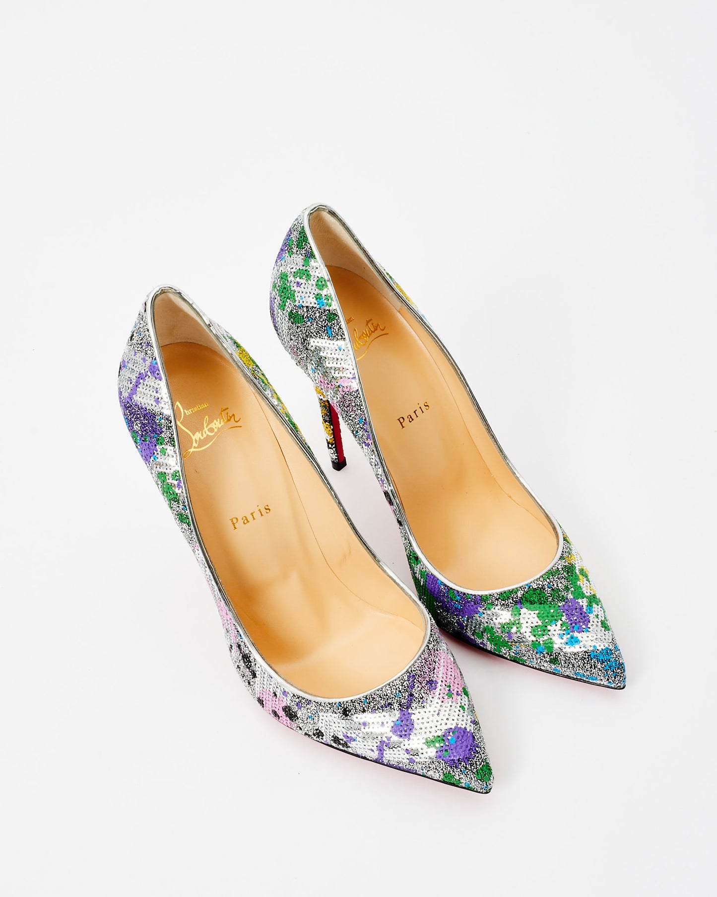 Christian Louboutin Silver & Pastel Multicolor Sequin So Kate Pumps - 40