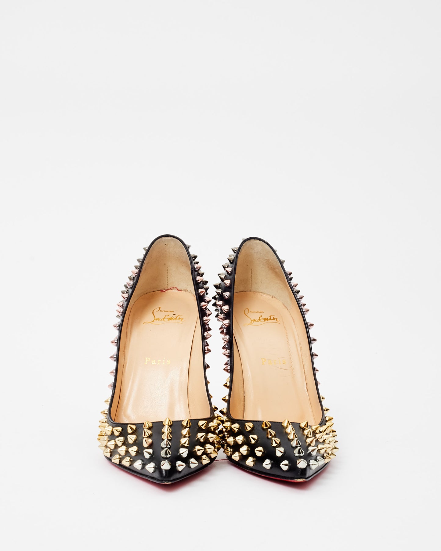 Christian Louboutin Black Leather & Silver Spike So Kate Pumps - 38.5