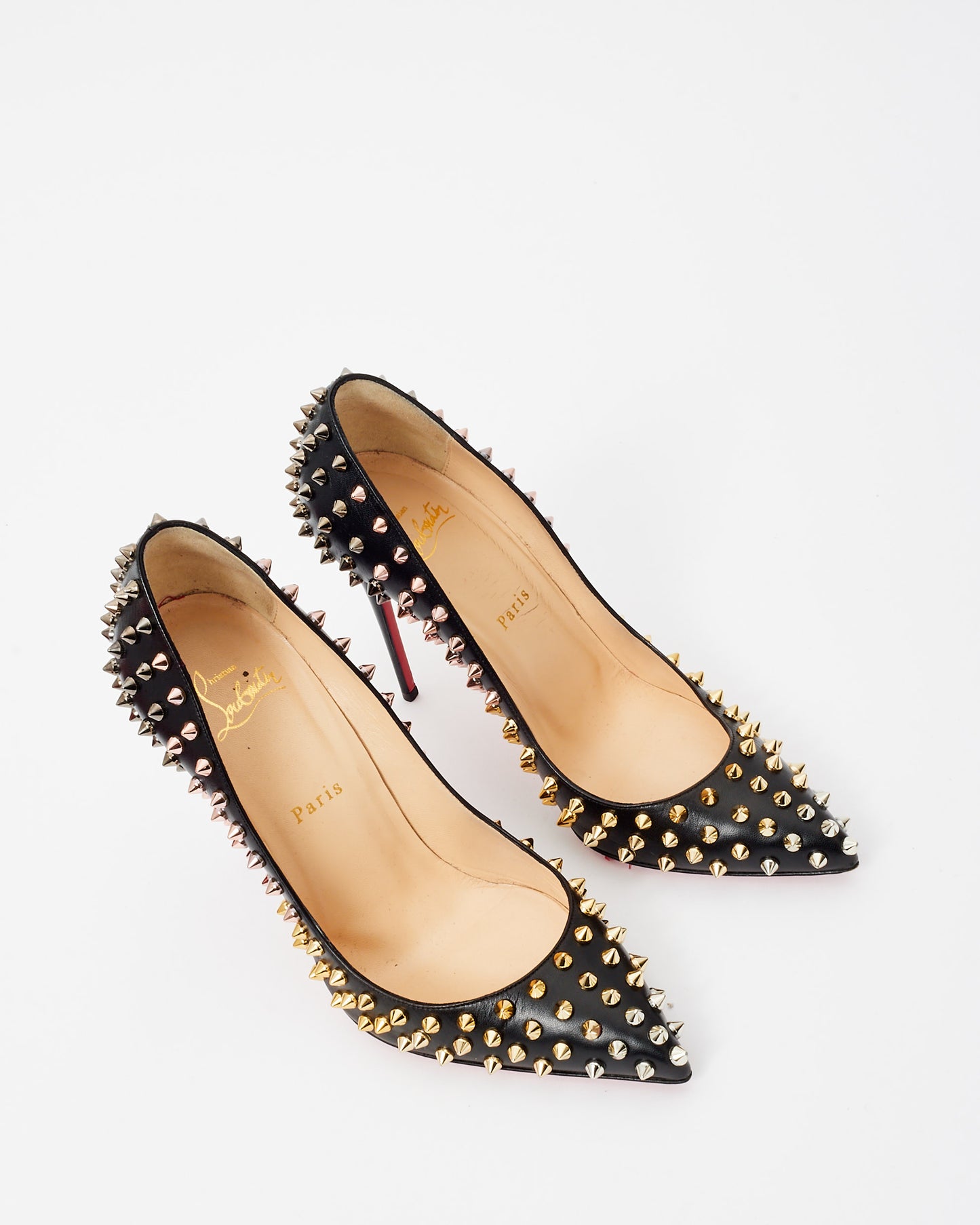 Christian Louboutin Black Leather & Silver Spike So Kate Pumps - 38.5