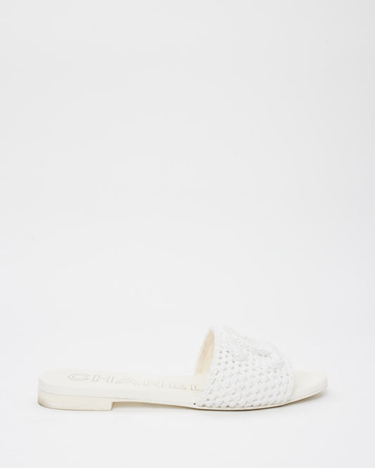 Chanel White Crochet Logo Coco Beach 24' Slides - 39.5