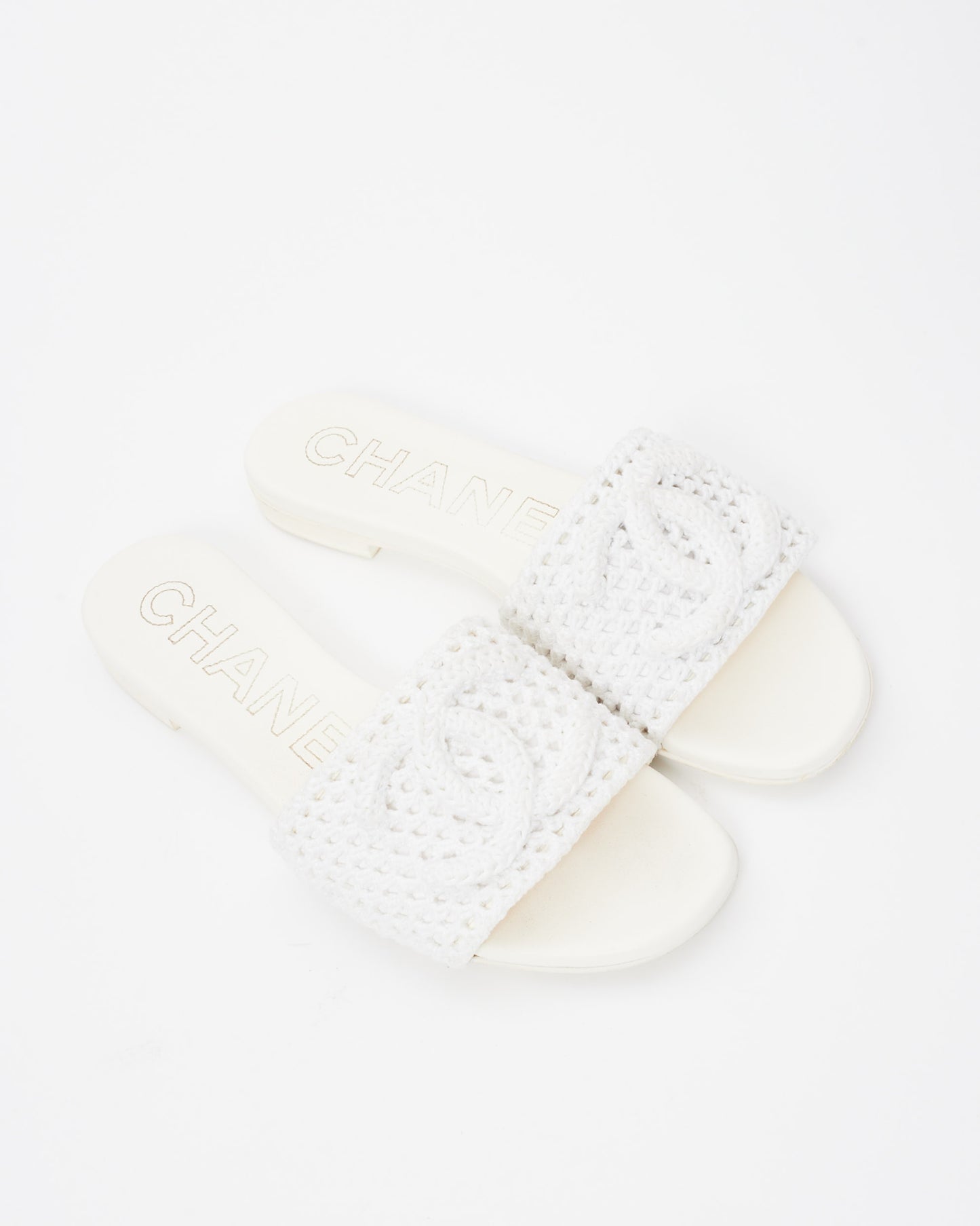 Chanel White Crochet Logo Coco Beach 24' Slides - 39.5