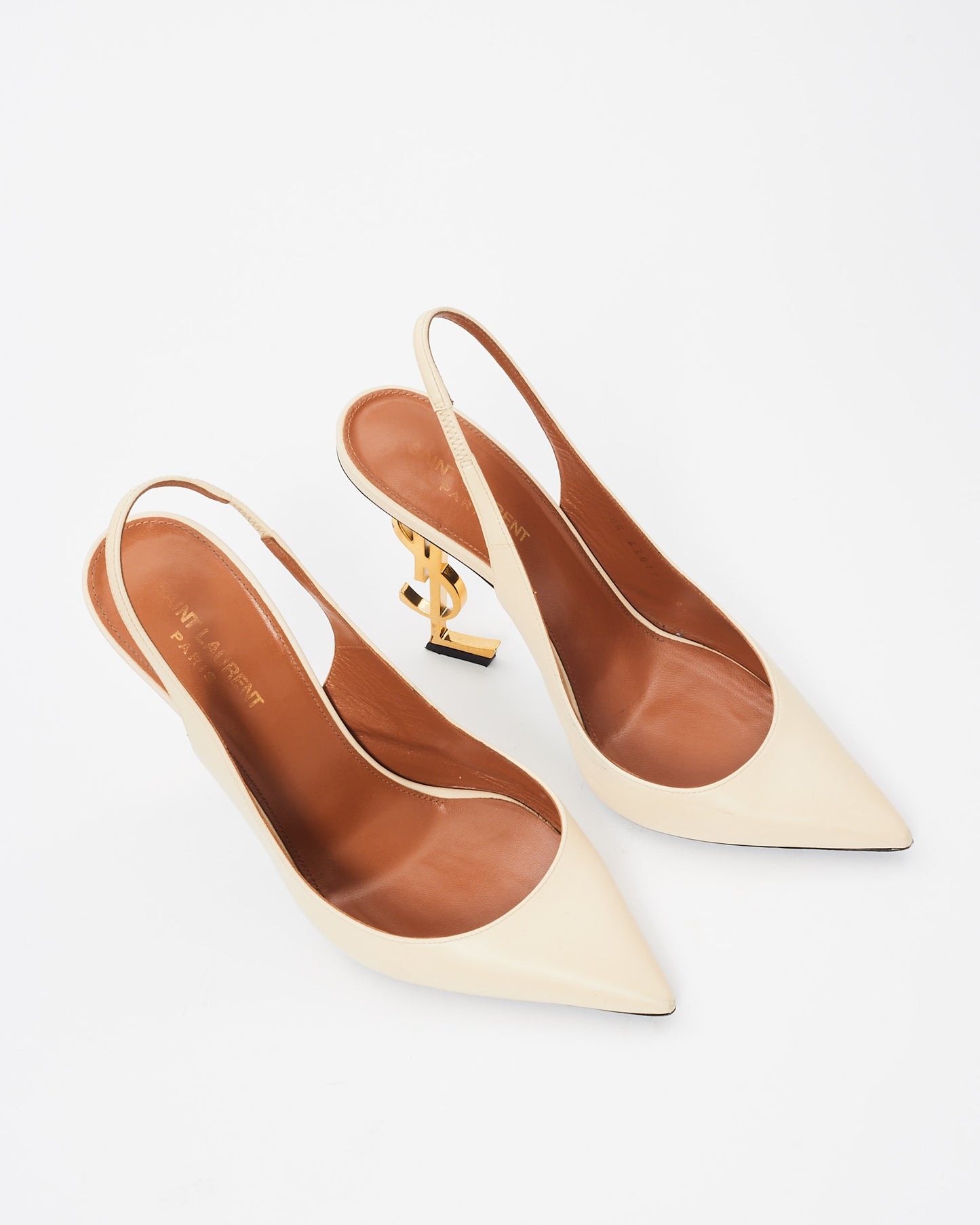 Saint Laurent Cream Leather Slingback Opyum 110 Logo Pumps - 39.5