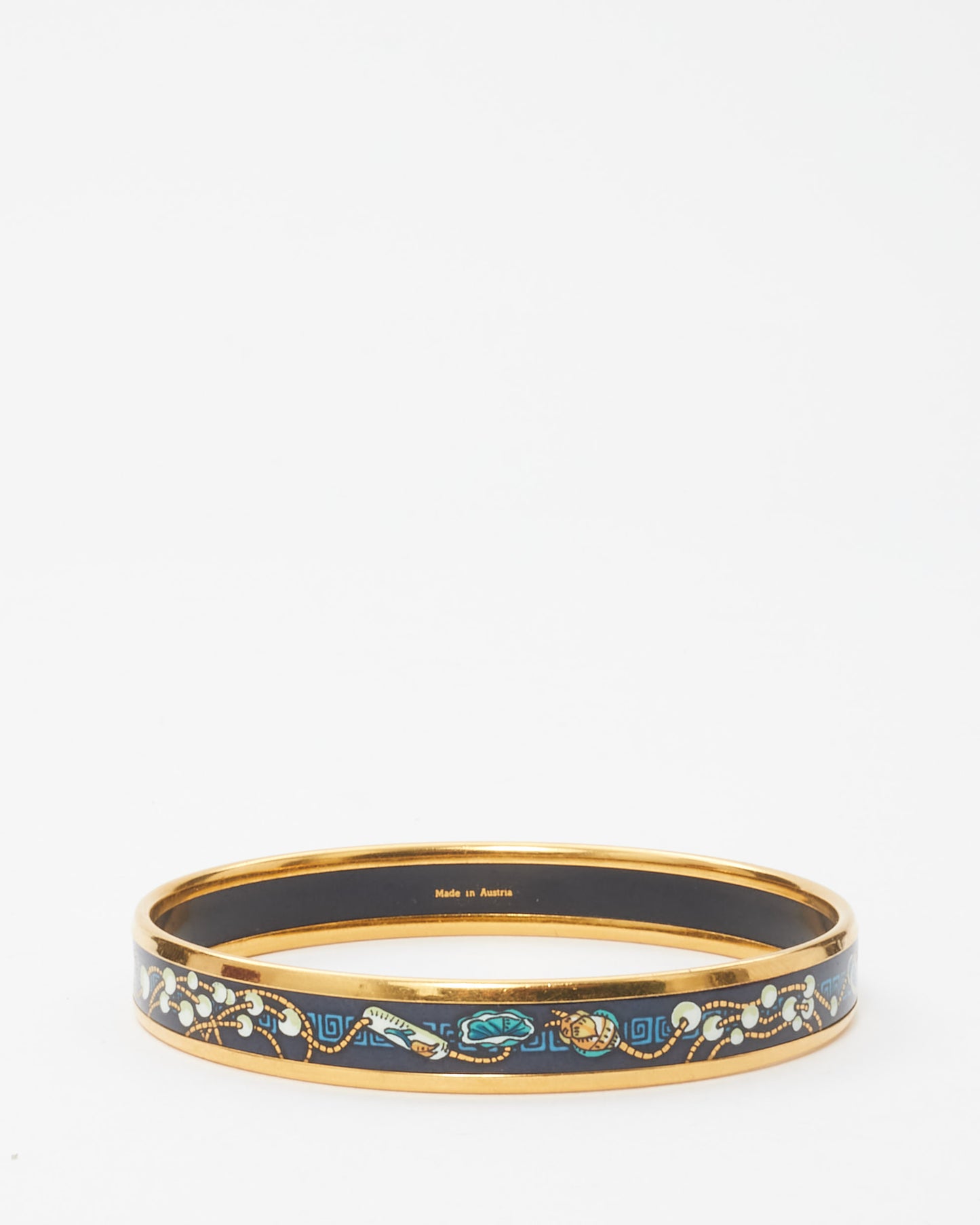 Hermès Gold & Black Blue Pattern Enamel Thin Bangle