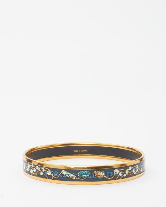 Hermès Gold & Black Blue Pattern Enamel Thin Bangle