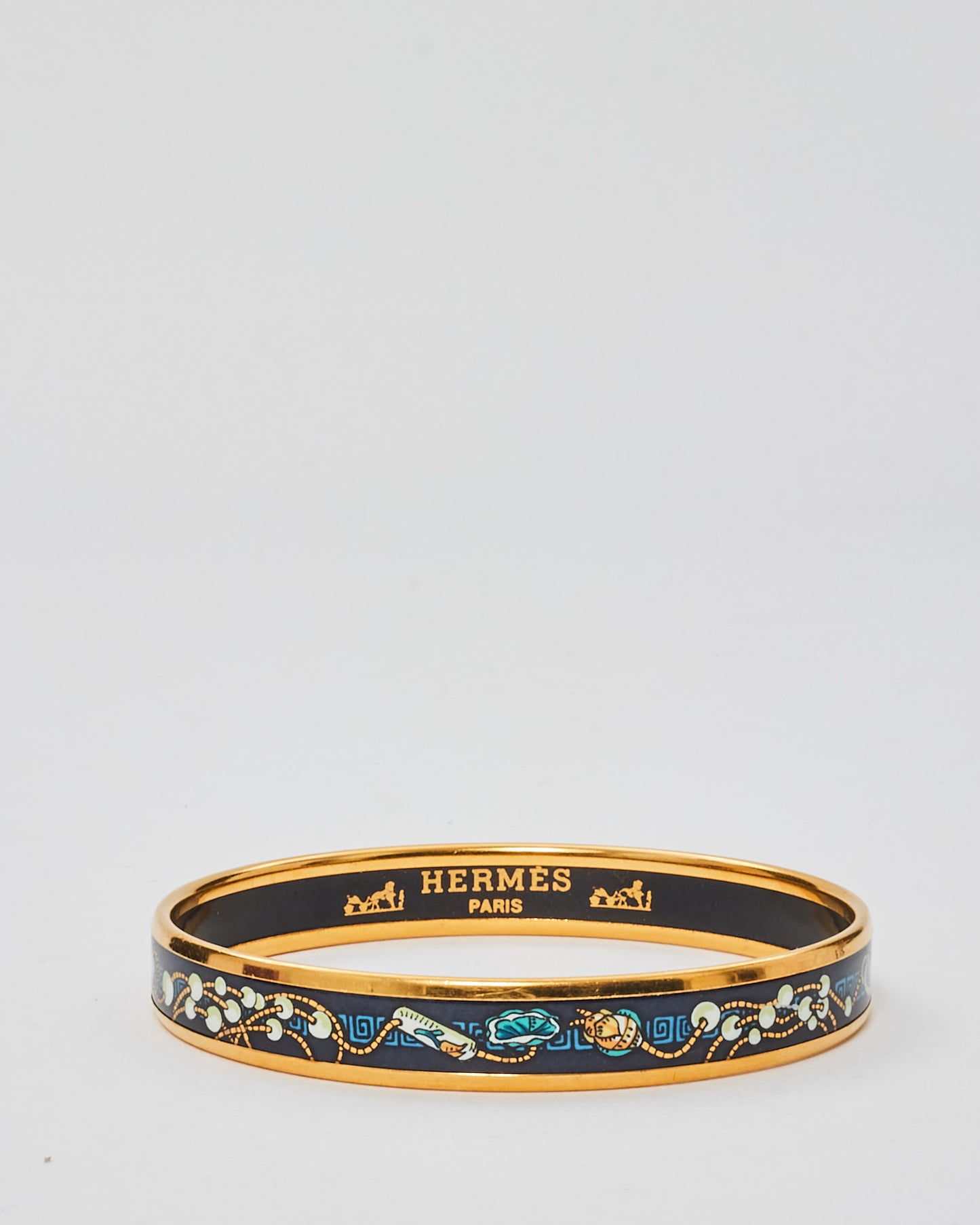 Hermès Gold & Black Blue Pattern Enamel Thin Bangle