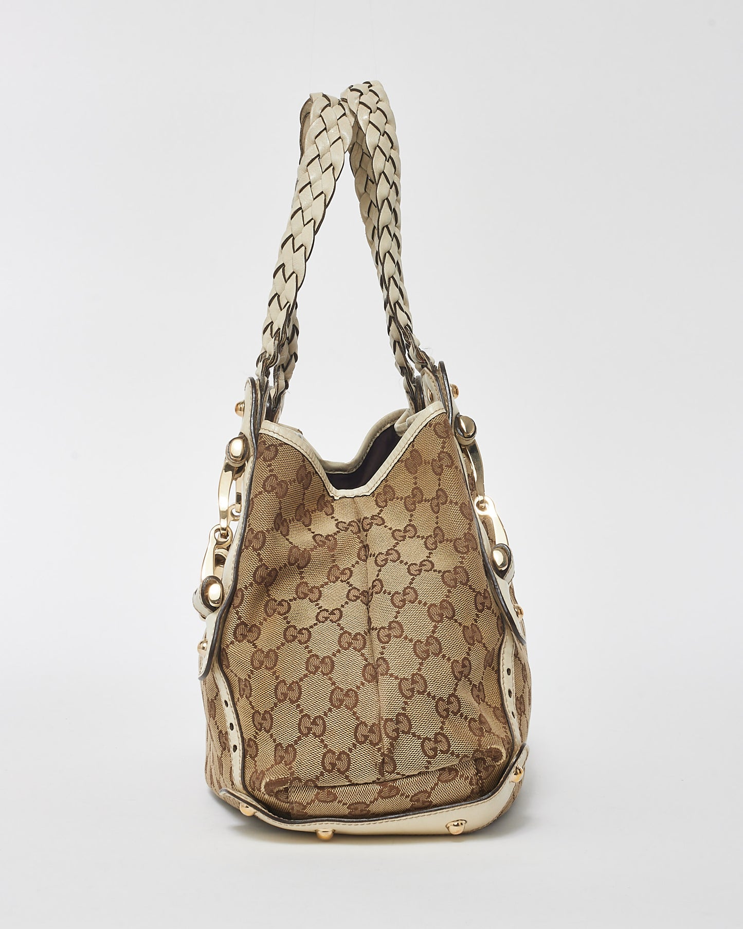 Gucci White Leather & Monogram Canvas Pelham Tote Bag