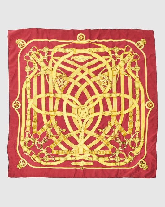 Hermès Burgundy & Yellow "Cavalcadour" Silk Scarf