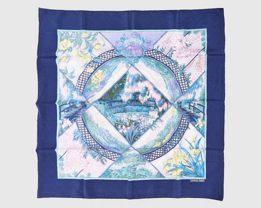 Hermès Navy Blue & Purple "Giverny" Silk Scarf