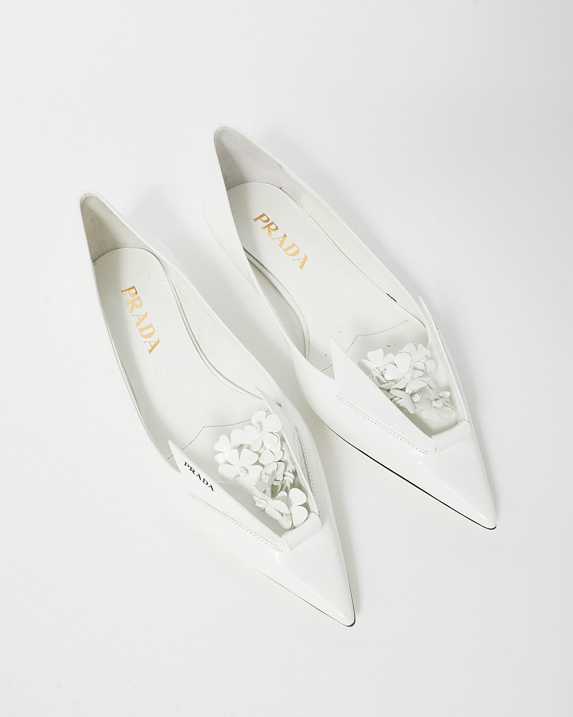 Prada White Leather Floral Appliqué Flats - 36.5