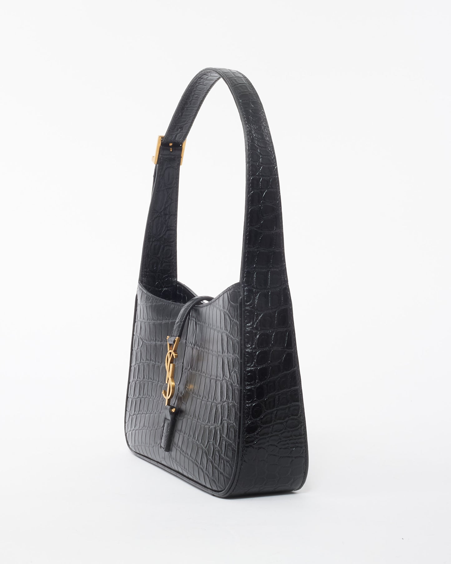 Saint Laurent Black Leather Croc Embossed 5 À 7 Shoulder Bag