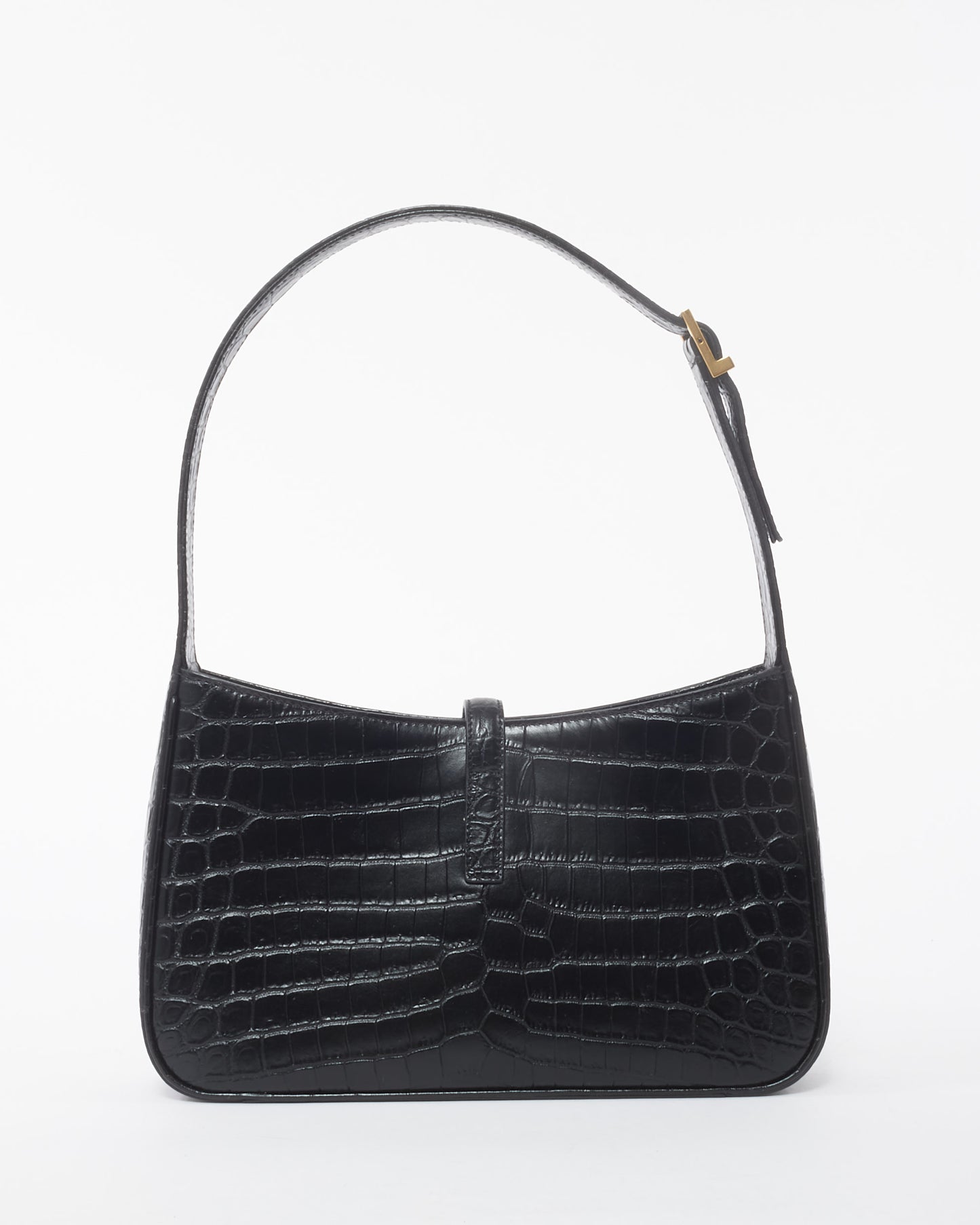 Saint Laurent Black Leather Croc Embossed 5 À 7 Shoulder Bag