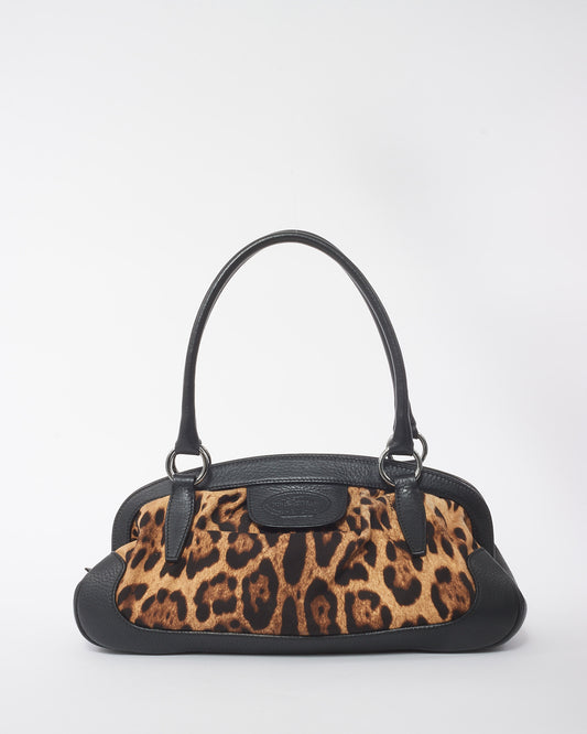 Dolce & Gabbana Black Leather Trim Leopard Print Medium Satchel