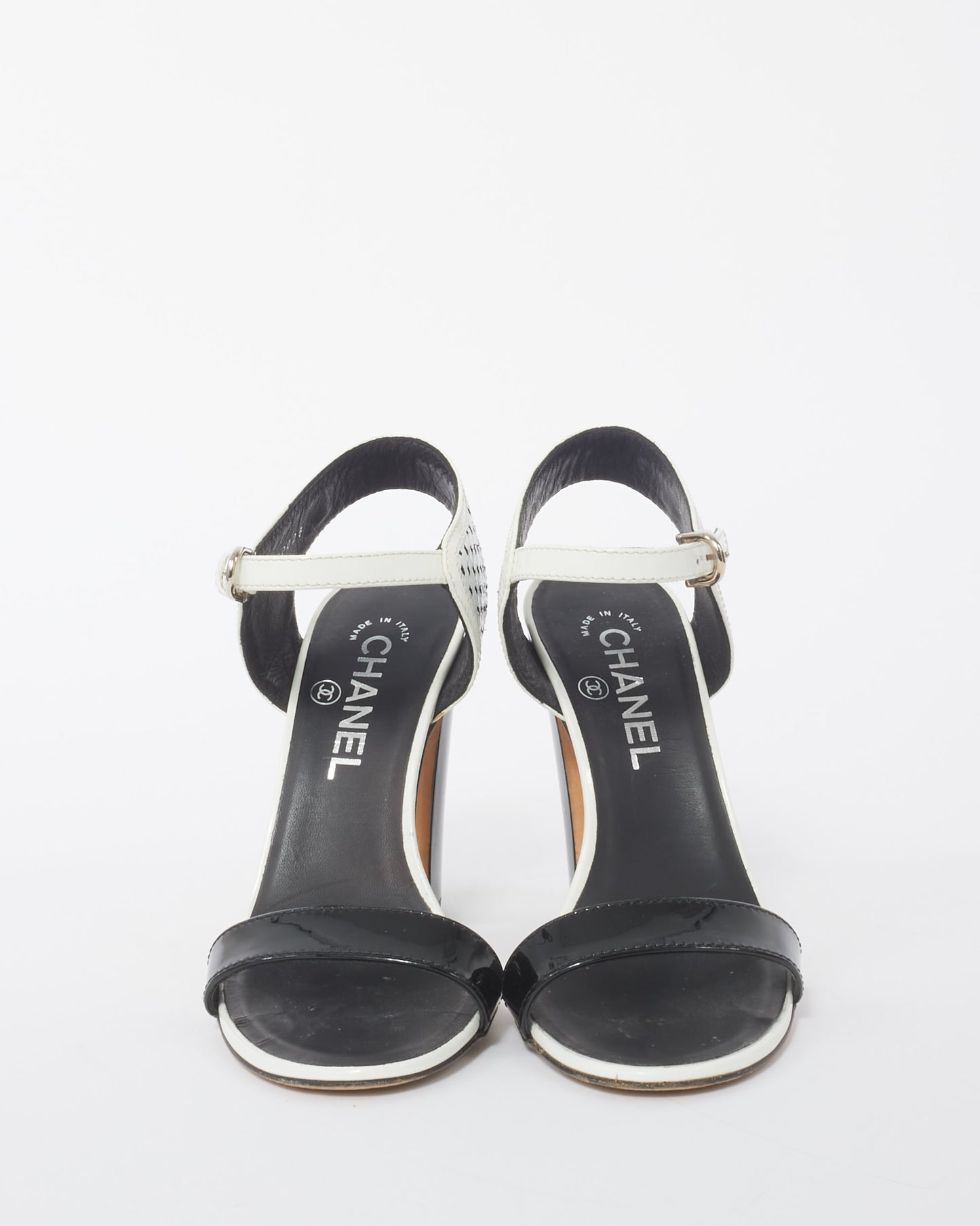 Chanel Black and White Perforated Crackled Patent Leather Calfskin Block Heel Sandals - 37