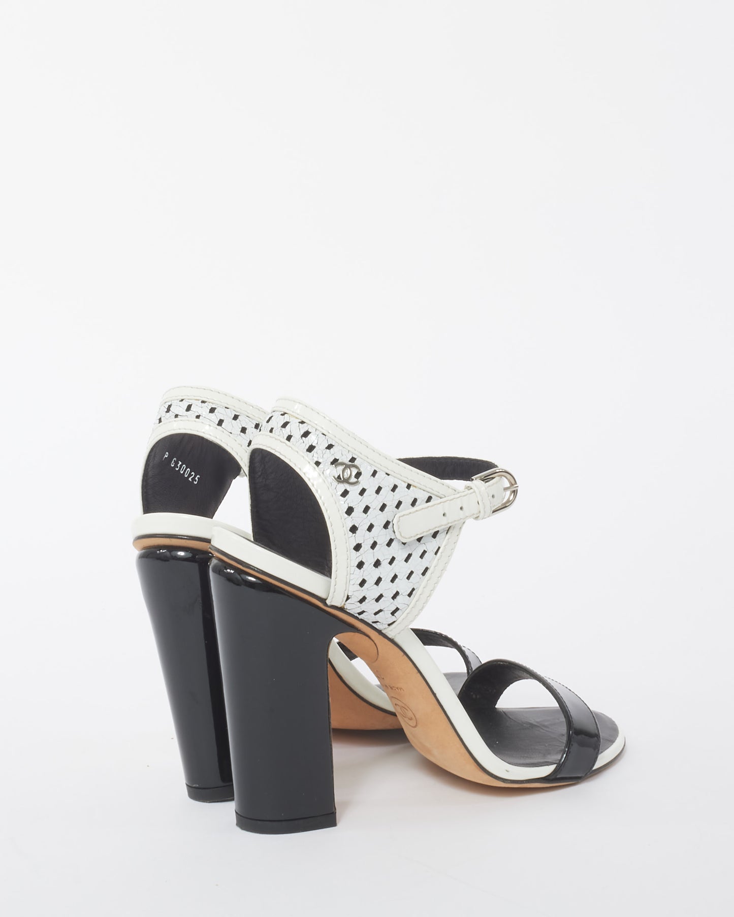 Chanel Black and White Perforated Crackled Patent Leather Calfskin Block Heel Sandals - 37