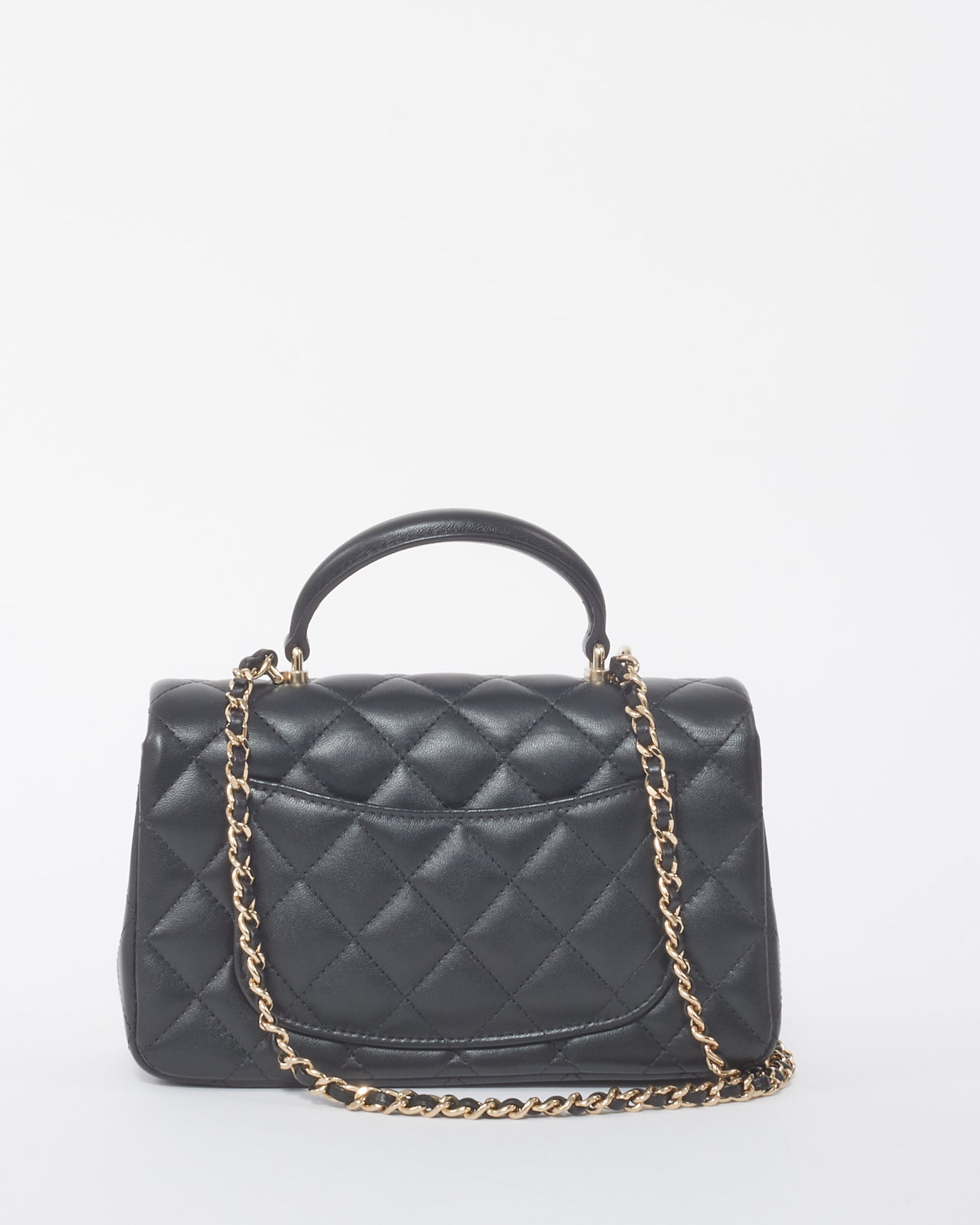 Chanel Black Lambskin Leather Mini Rectangle Top Handle Bag Champagne Hardware