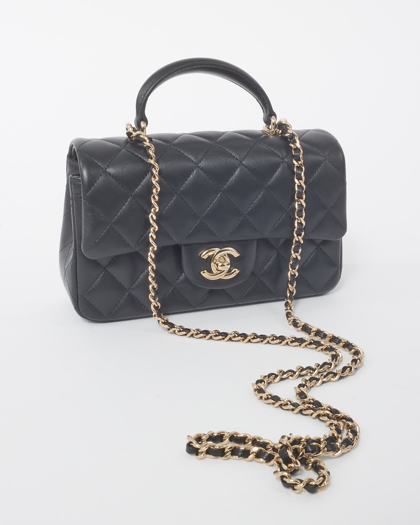 Chanel Black Lambskin Leather Mini Rectangle Top Handle Bag Champagne Hardware