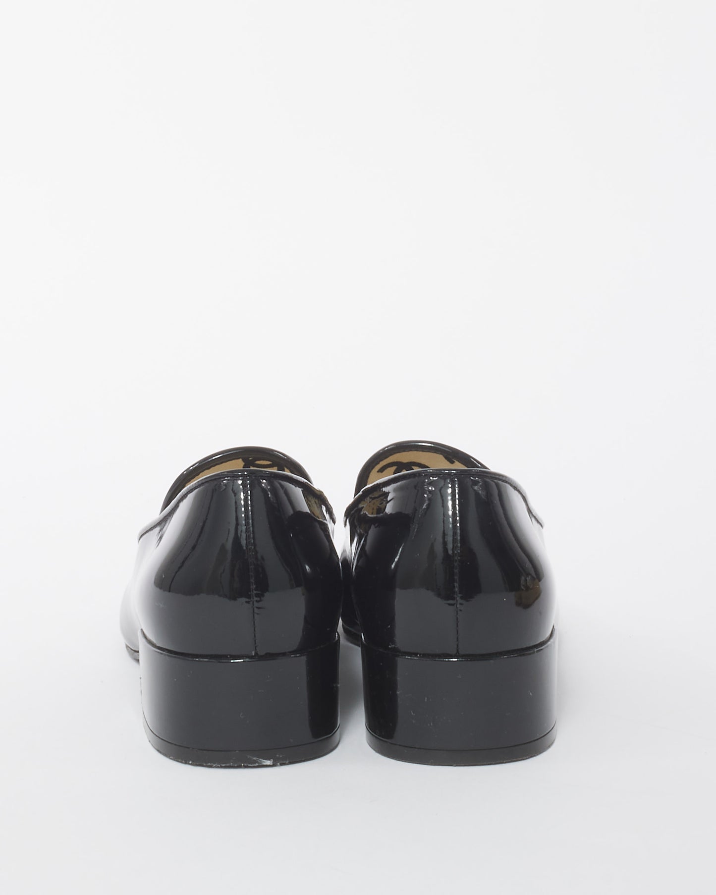 Chanel Black Patent Leather Interlocking CC Block Heel Loafers - 37.5