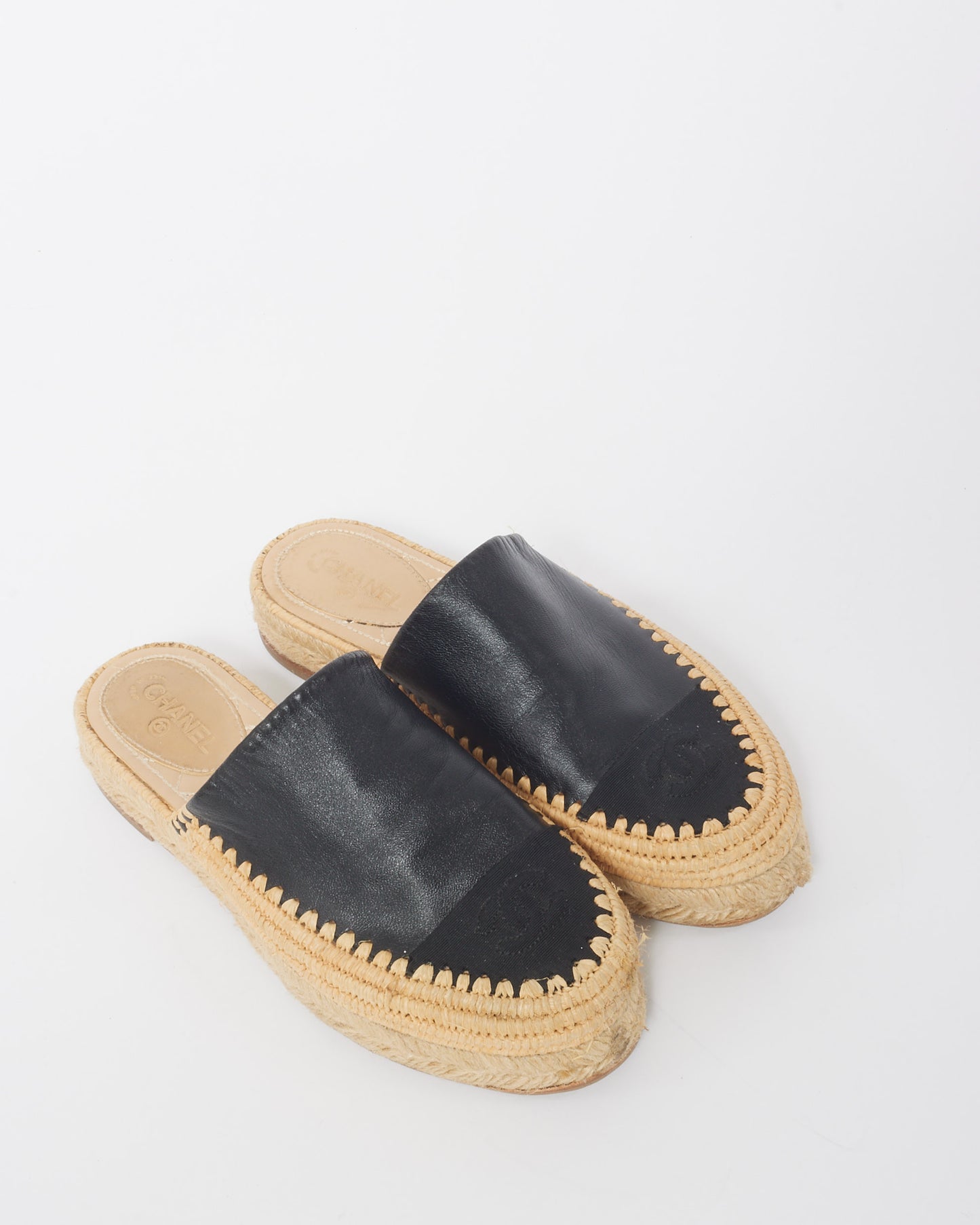 Chanel Black Leather Mule Espadrille Slides - 37