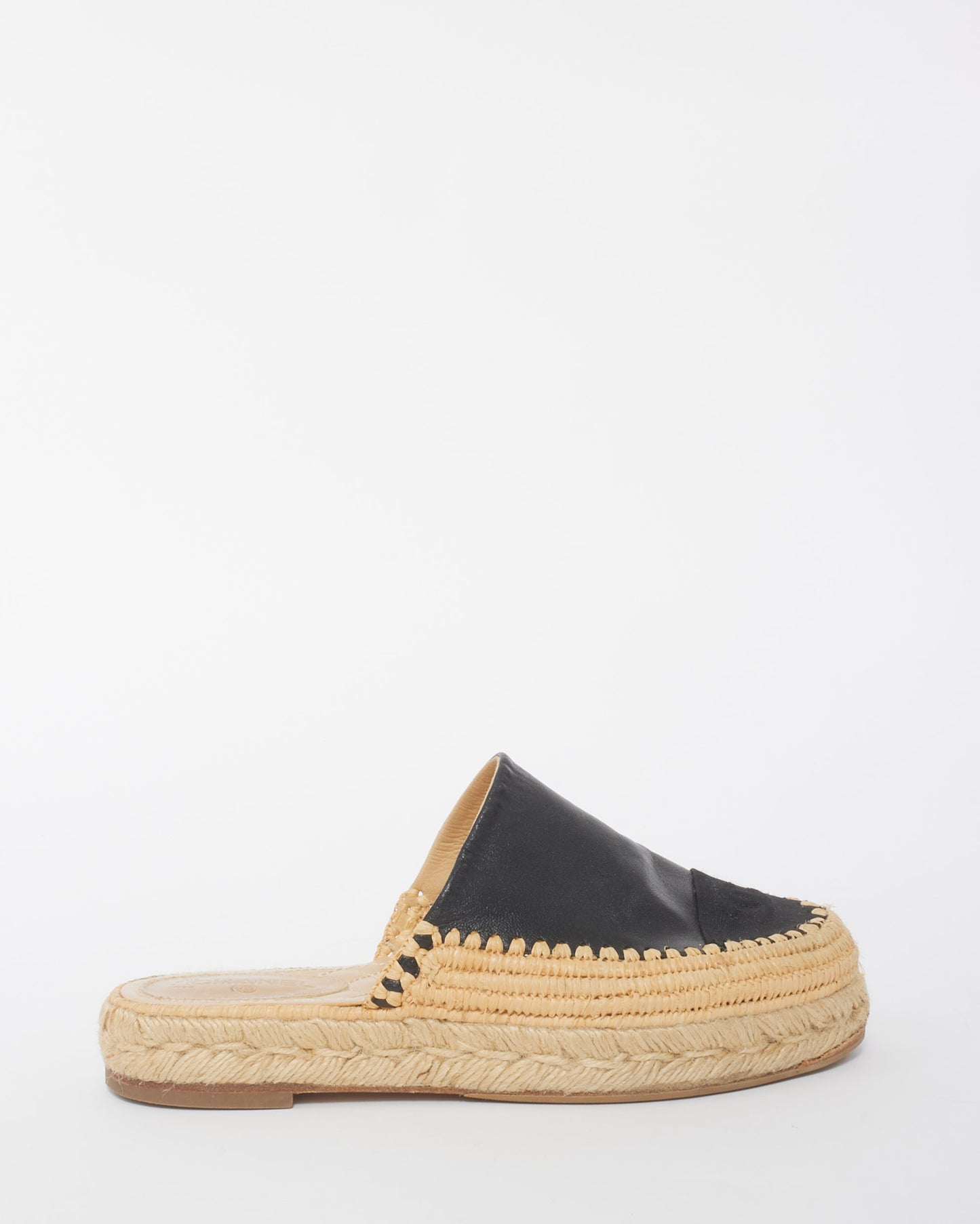 Chanel Black Leather Mule Espadrille Slides - 37