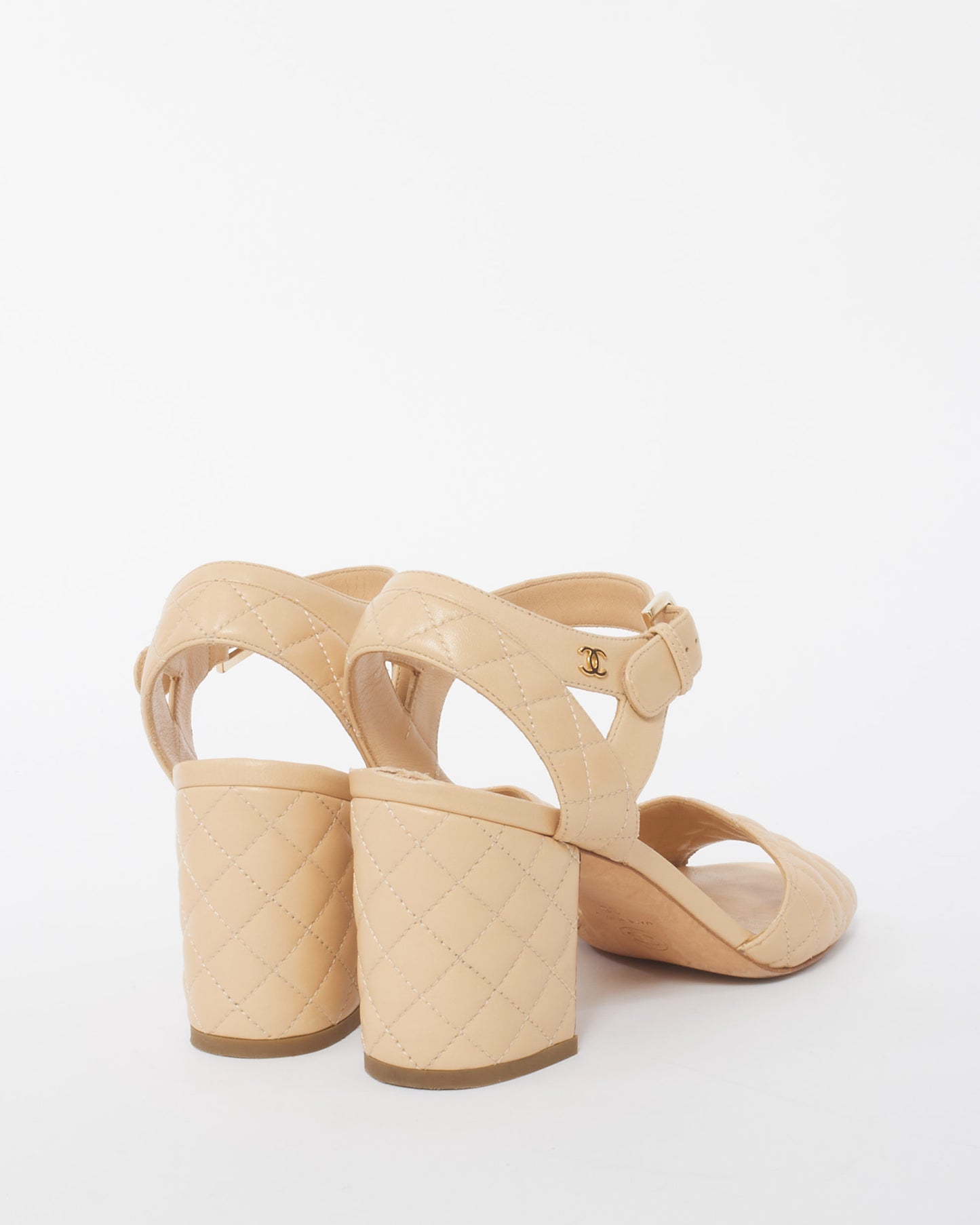 Chanel Beige Quilted Leather CC Block Heel Ankle Strap Sandals - 38