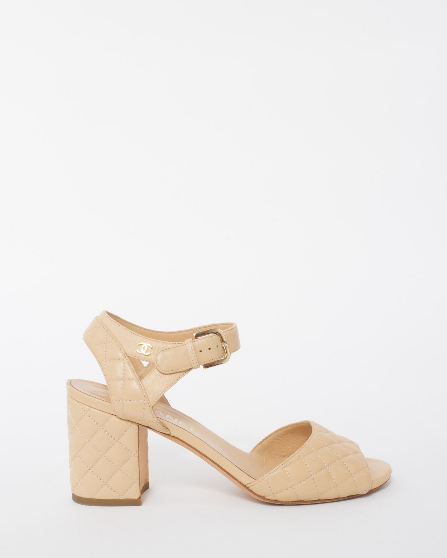 Chanel Beige Quilted Leather CC Block Heel Ankle Strap Sandals - 38