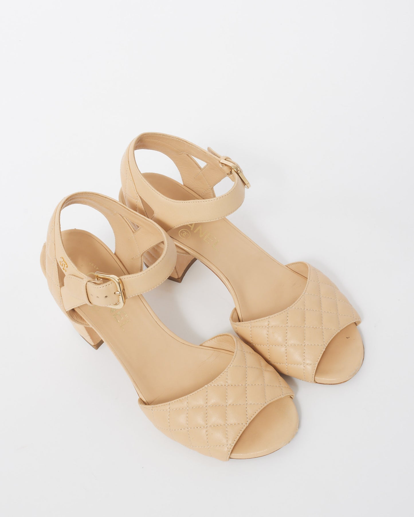 Chanel Beige Quilted Leather CC Block Heel Ankle Strap Sandals - 38