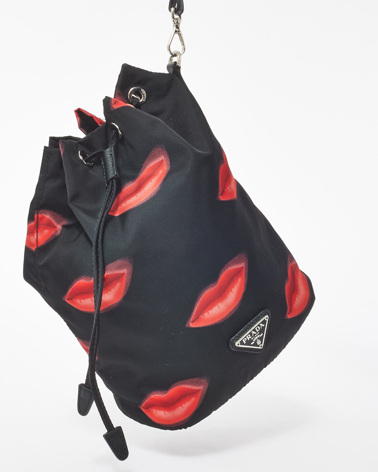 Prada Black Nylon Red Lips Bucket Pouch