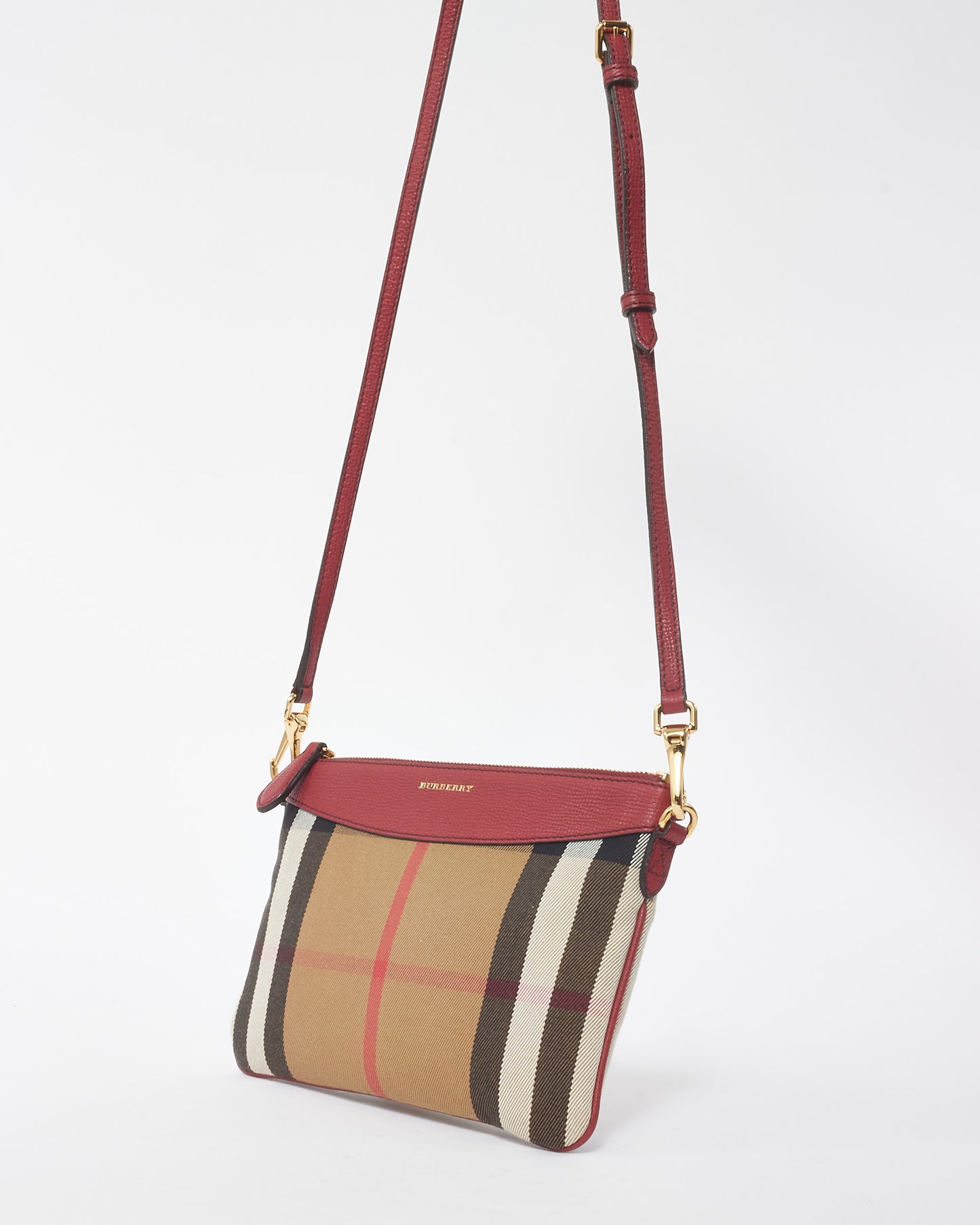 Burberry Red Canvas House Check Derby Peyton Crossbody Clutch Bag