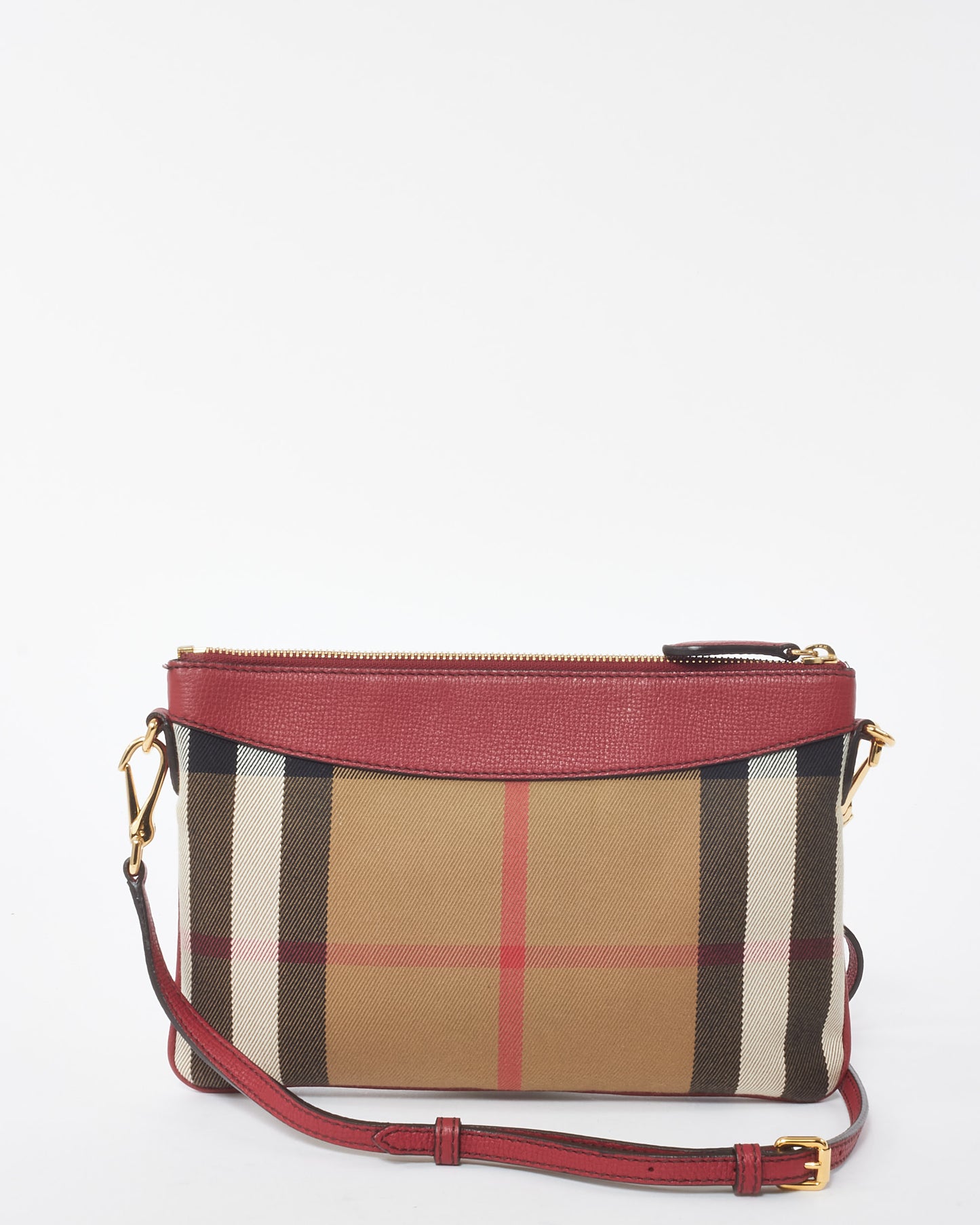 Burberry Red Canvas House Check Derby Peyton Crossbody Clutch Bag