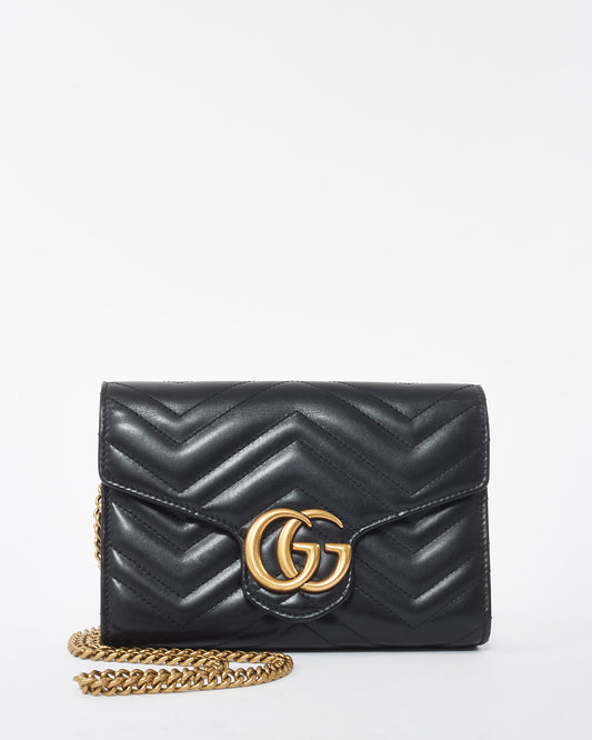 Gucci Black Matelassé Chevron Leather GG Marmont Wallet on Chain